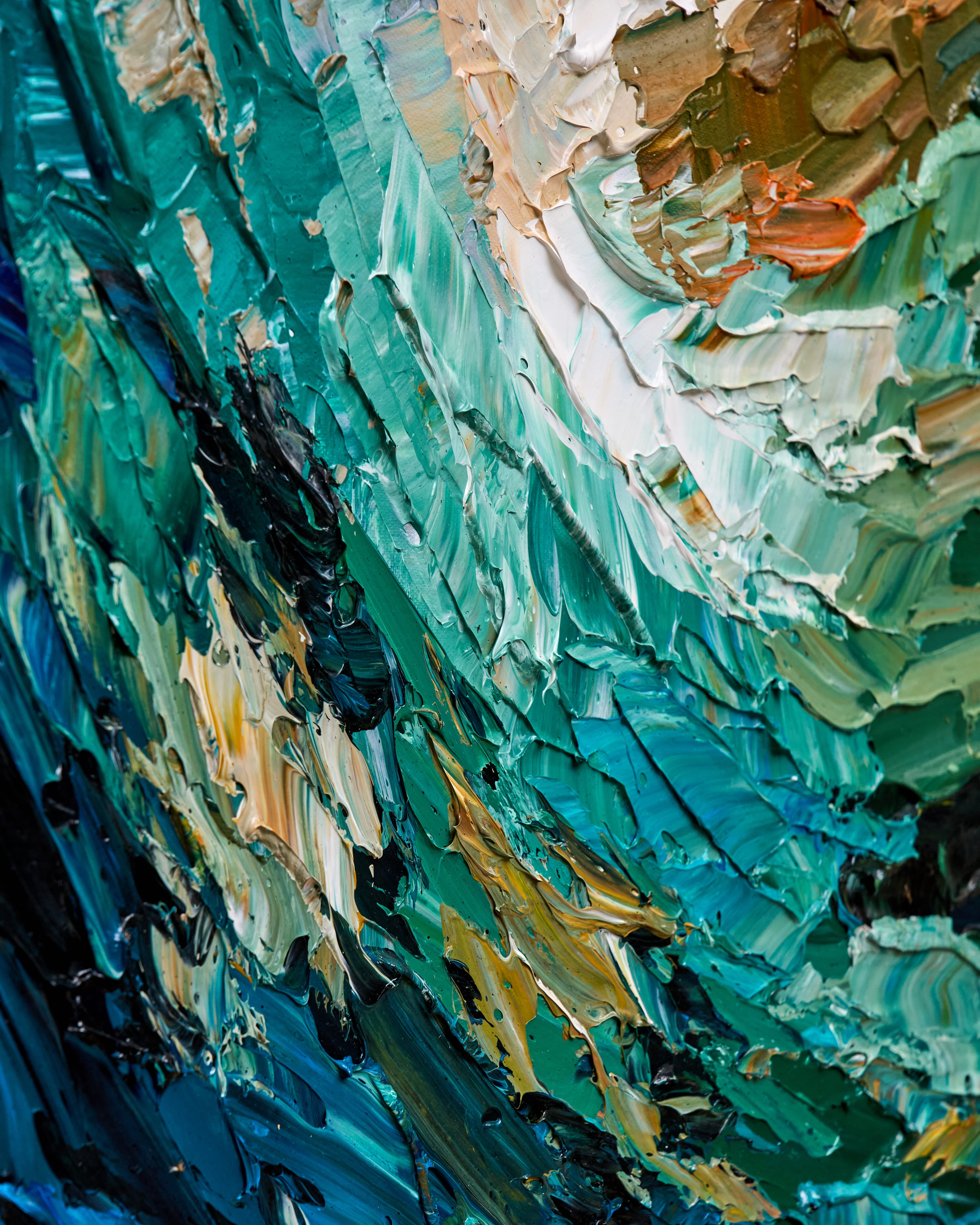 Abstract textured painting with thick impasto brushstrokes in teal, blue, green, white, brown, and black.