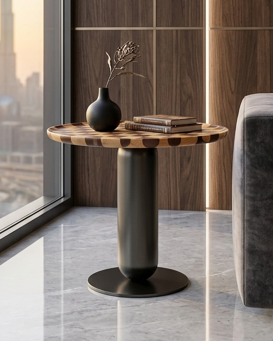 Modern living room with a side table, vase, and books against a large window with a cityscape view.