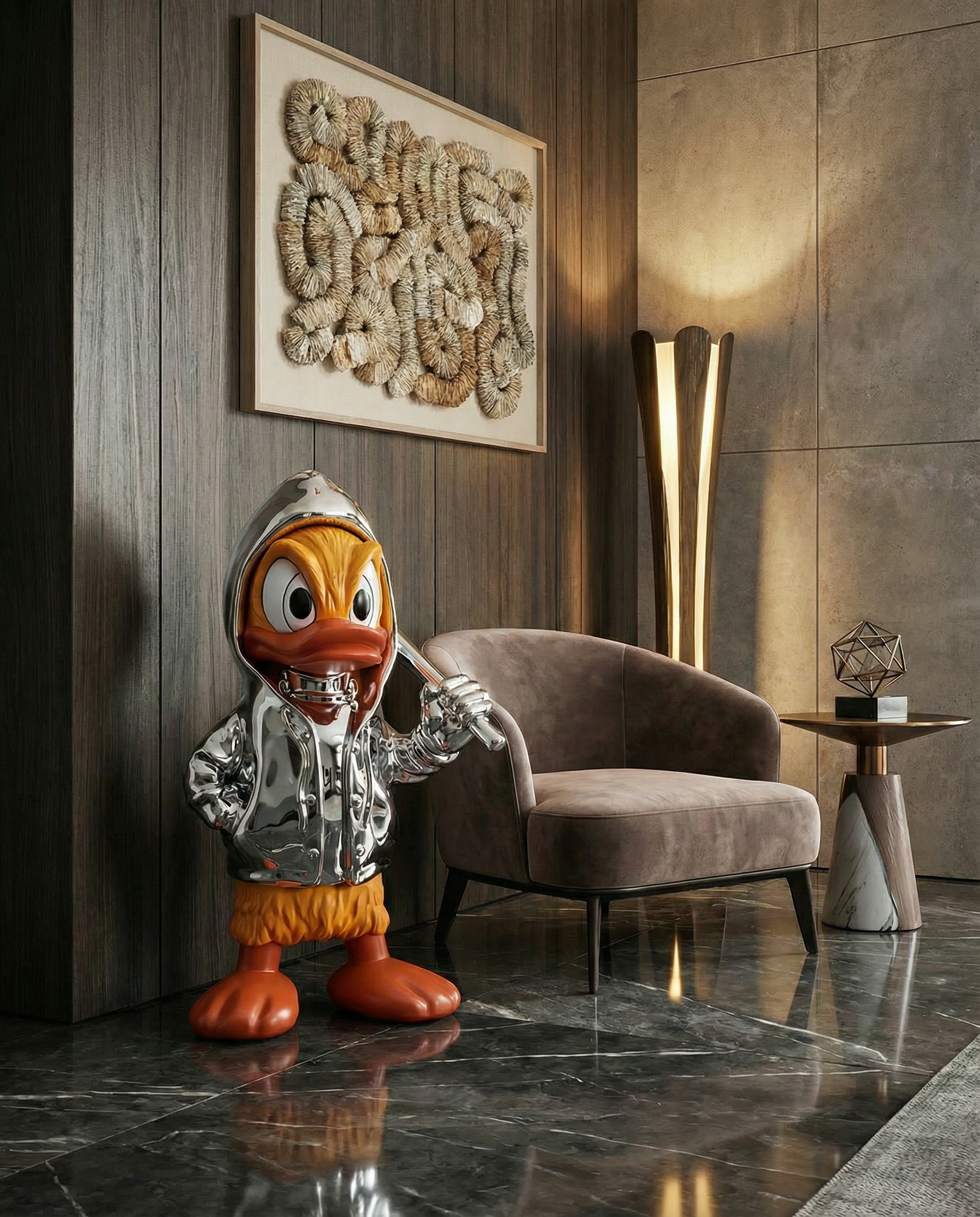 Decorative Duck figurine in a stylish interior setting with a chair and artwork