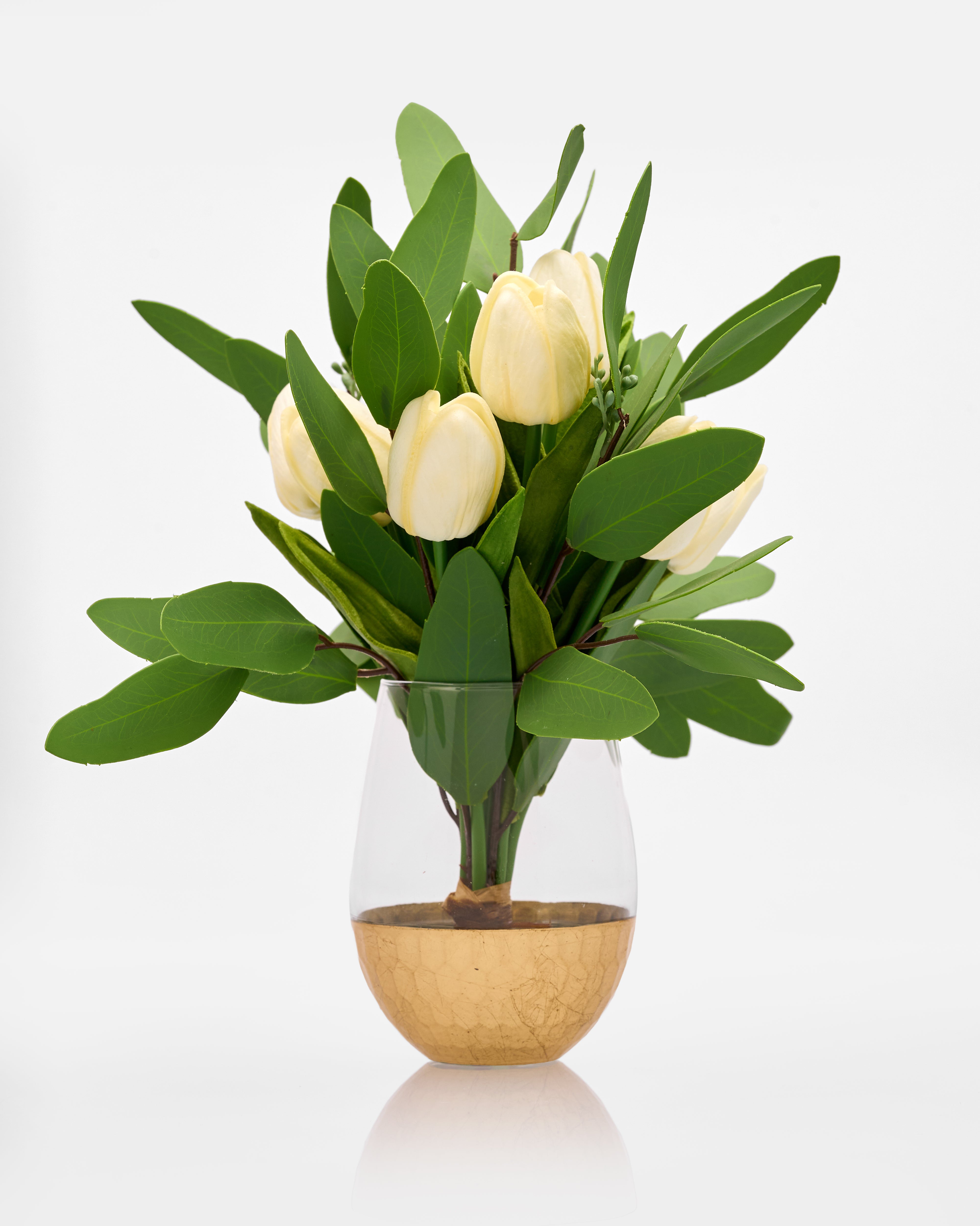 Bouquet of white tulips in a clear vase with gold base on a white background