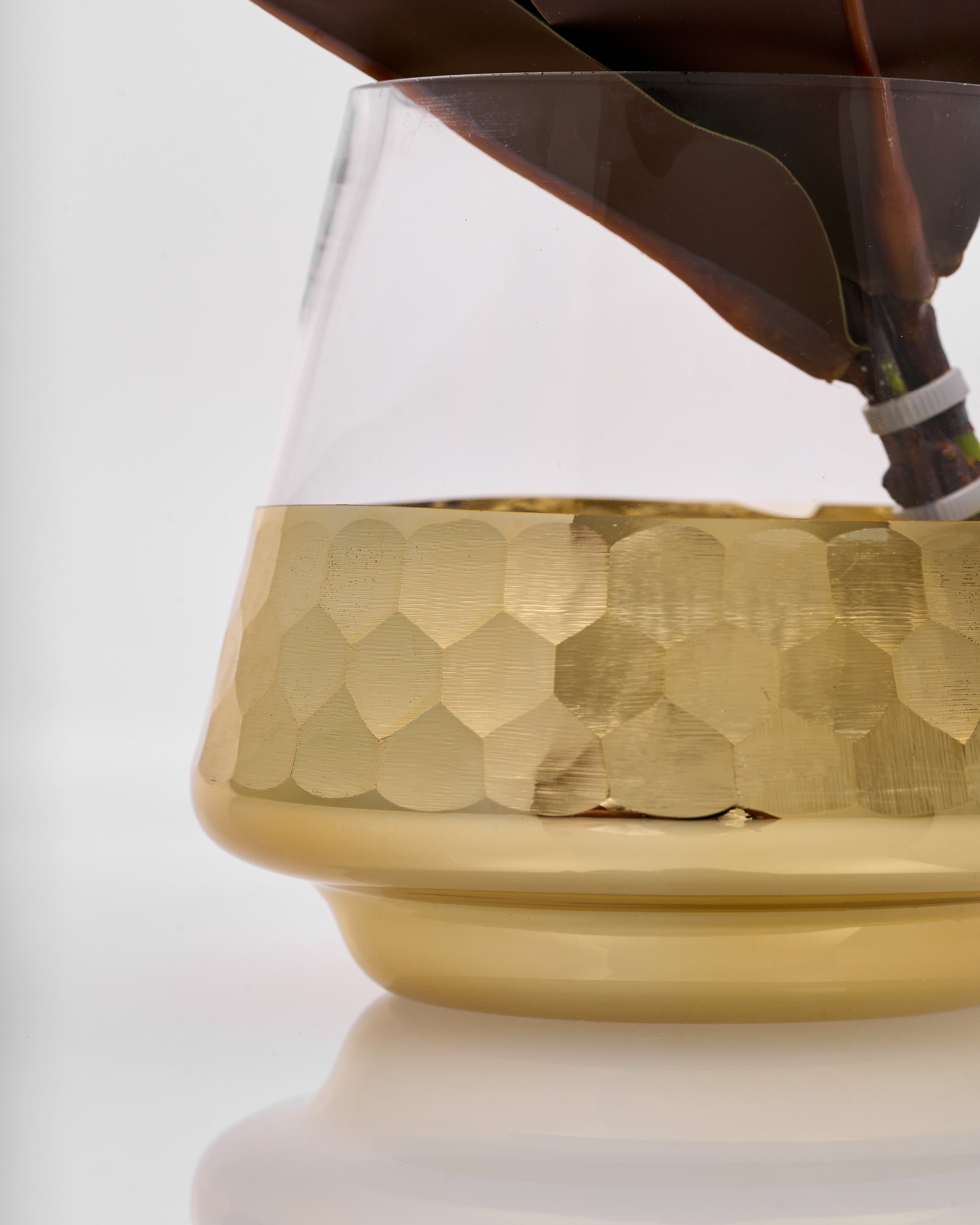 Gold textured vase with a white background