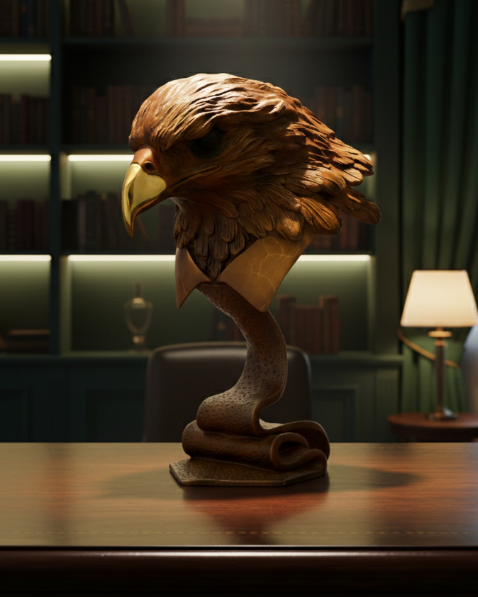 Wooden eagle statue on a desk with bookshelves and lamp in the background