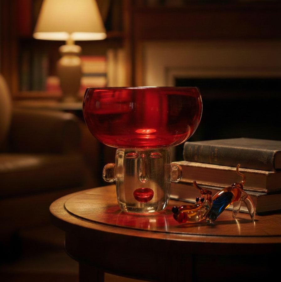 Red glass bowl on a wooden table with a blurred background