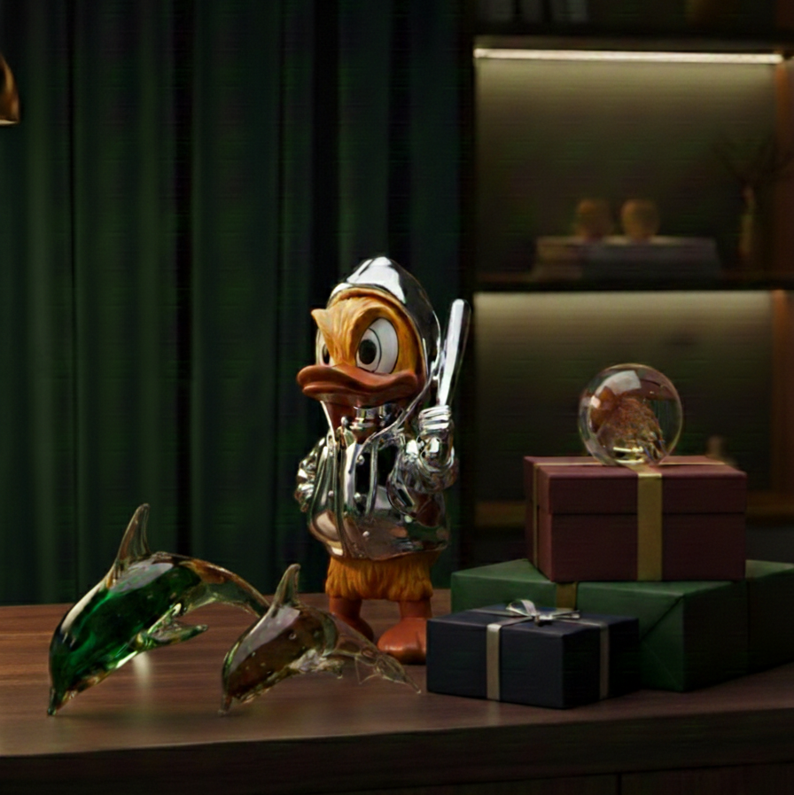 Decorative figurine of a duck with mechanical elements on a table with a dark curtain background