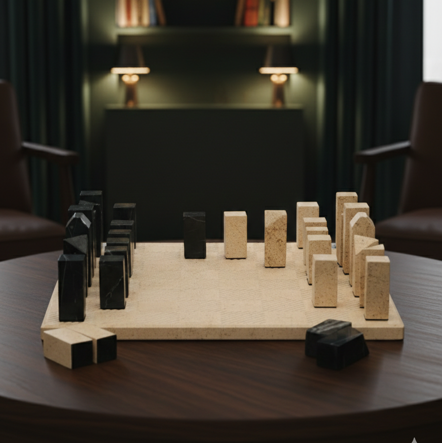 Board game with wooden pieces on a table in a dimly lit room.