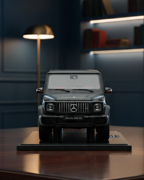 Model car on a wooden table with a lamp and shelves in the background