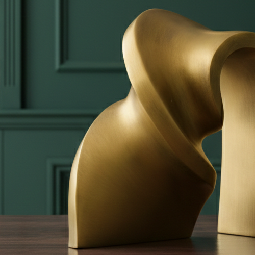Gold abstract sculpture on a wooden table with a bookshelf background