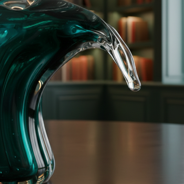 Glass sculpture of a wave on a table with bookshelves in the background