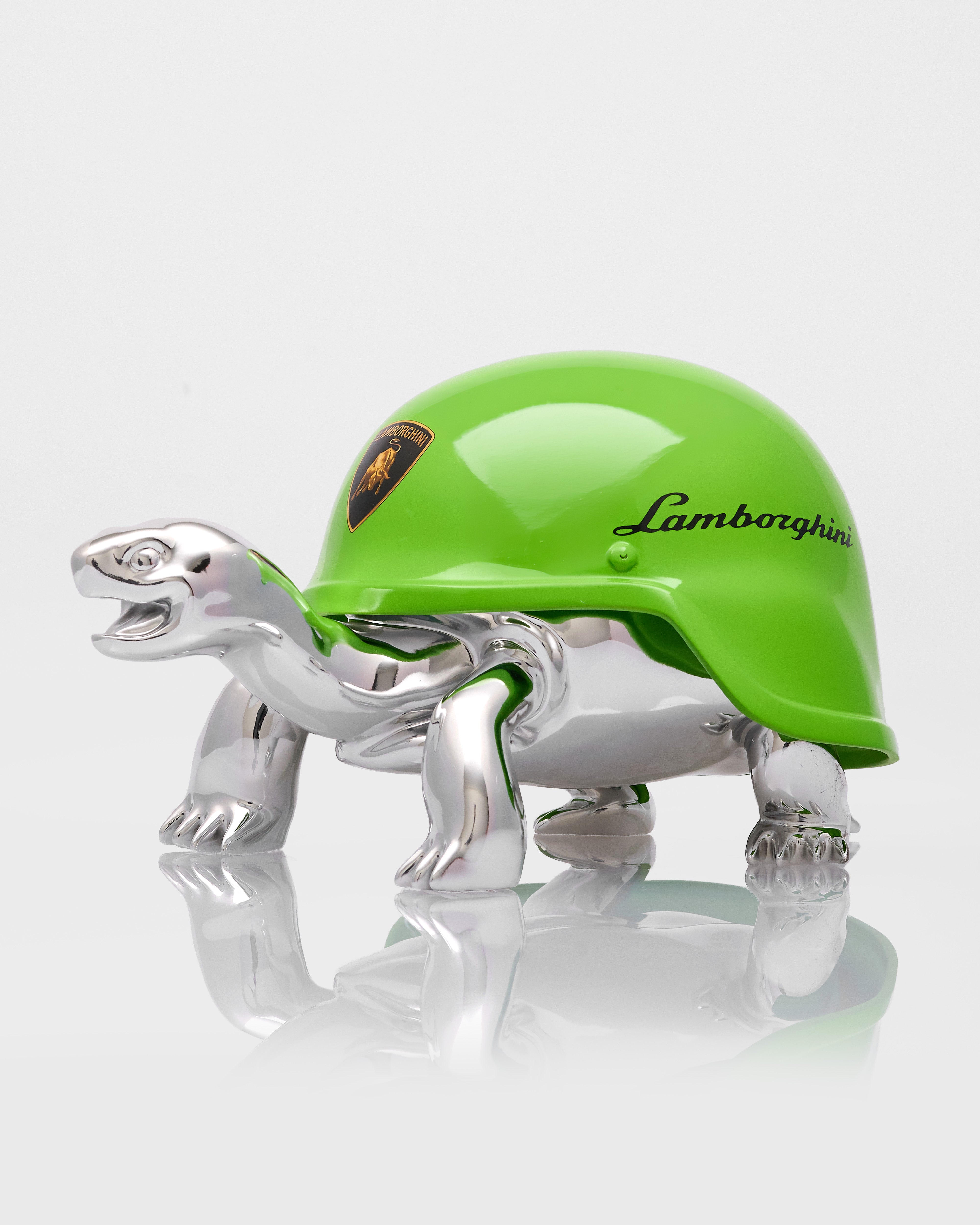 Decor turtle with a green helmet featuring the Lamborghini logo on a white background