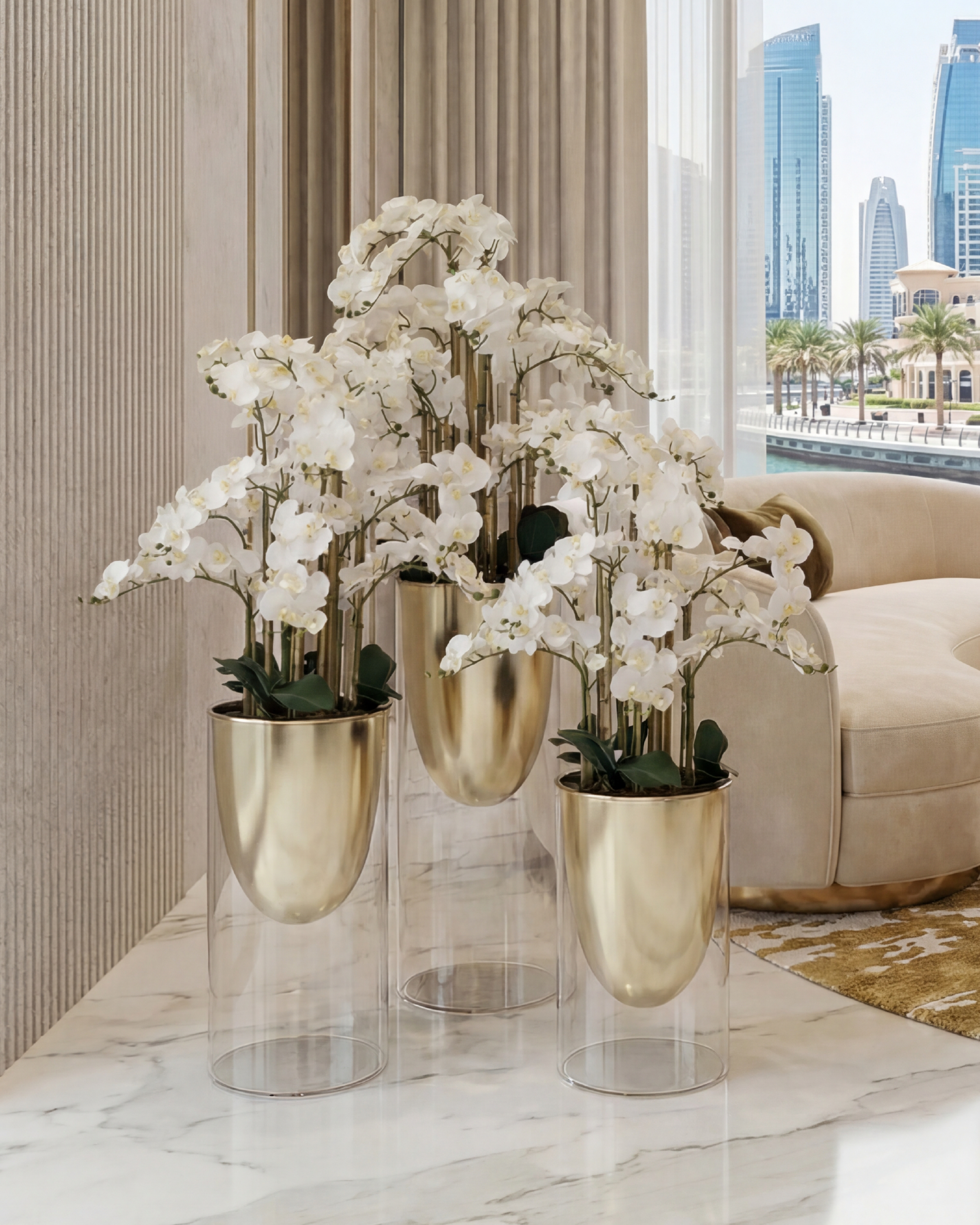 Decorative white flowers in luxury gold planters in dubai