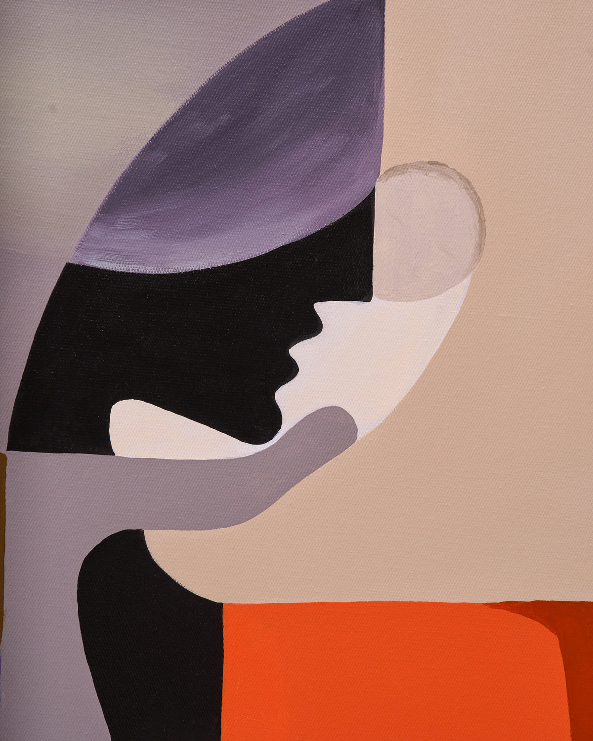 Abstract geometric painting featuring a stylized face in profile with a purple hat, black and white shapes, and a bright orange block on a beige background.