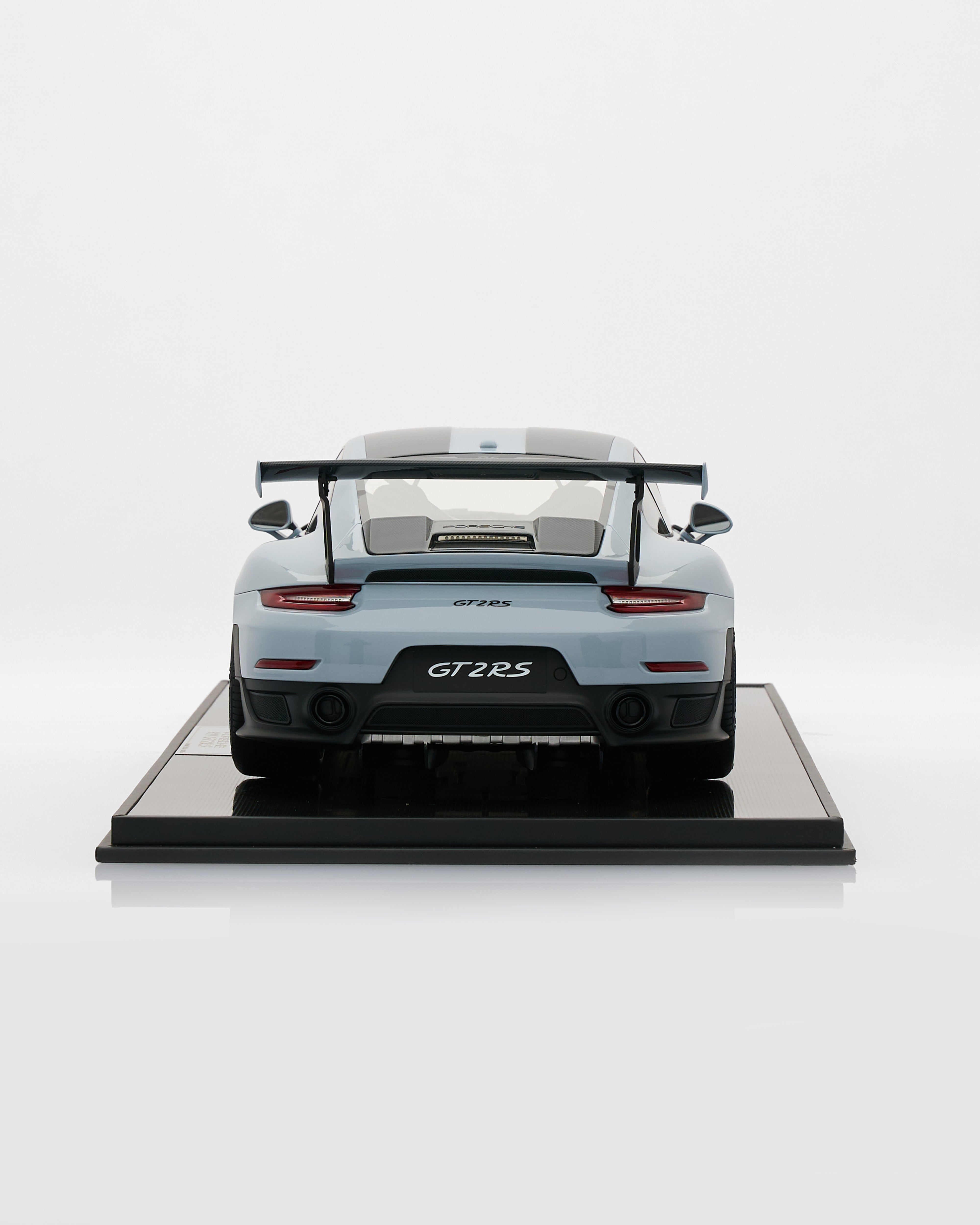 Porsche 911 GT2RS Chalk Gray Model car of a Porsche GT2 RS on a white background