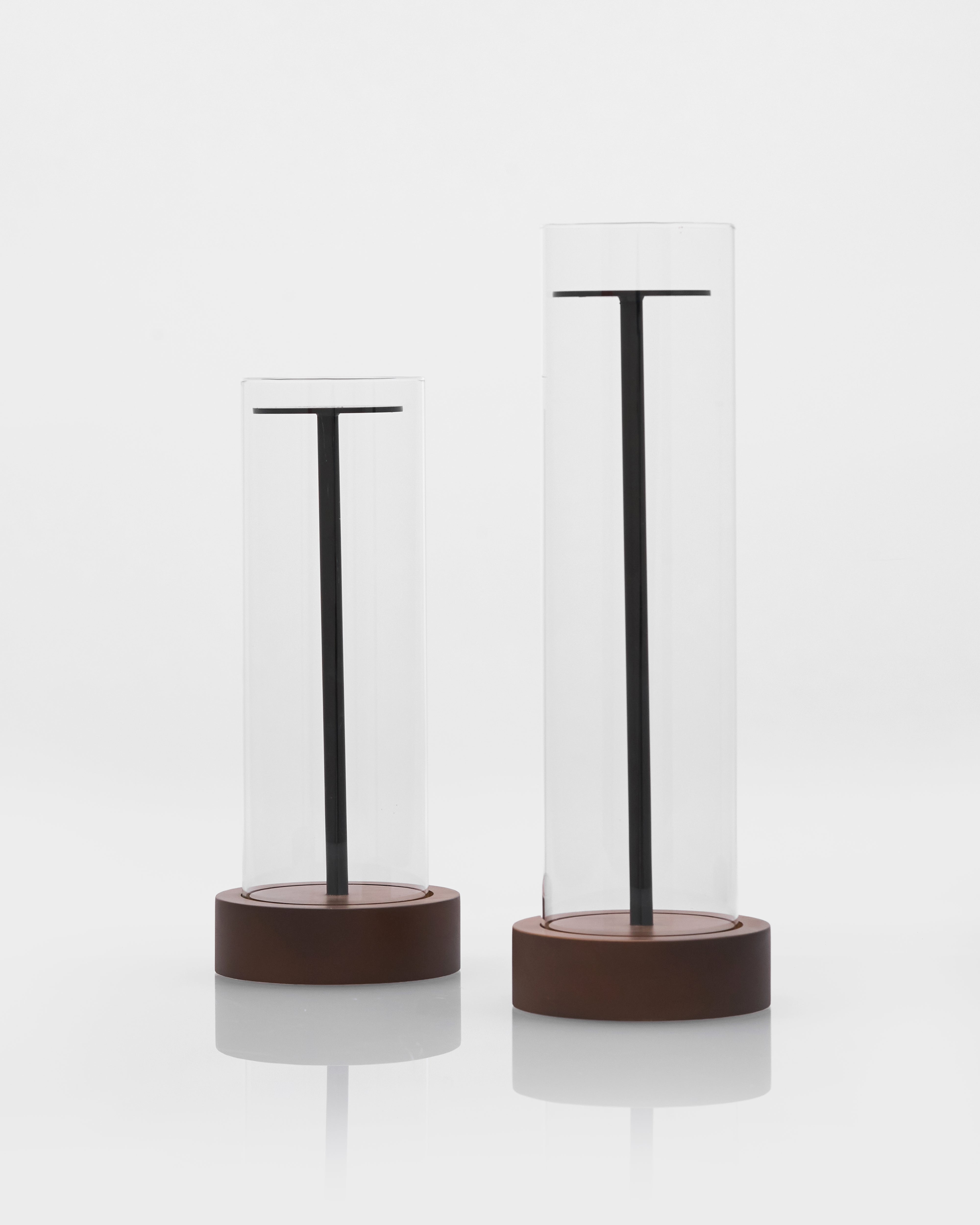 Two cylindrical Solae Transparent Candle Holder with black rods inside on a white background