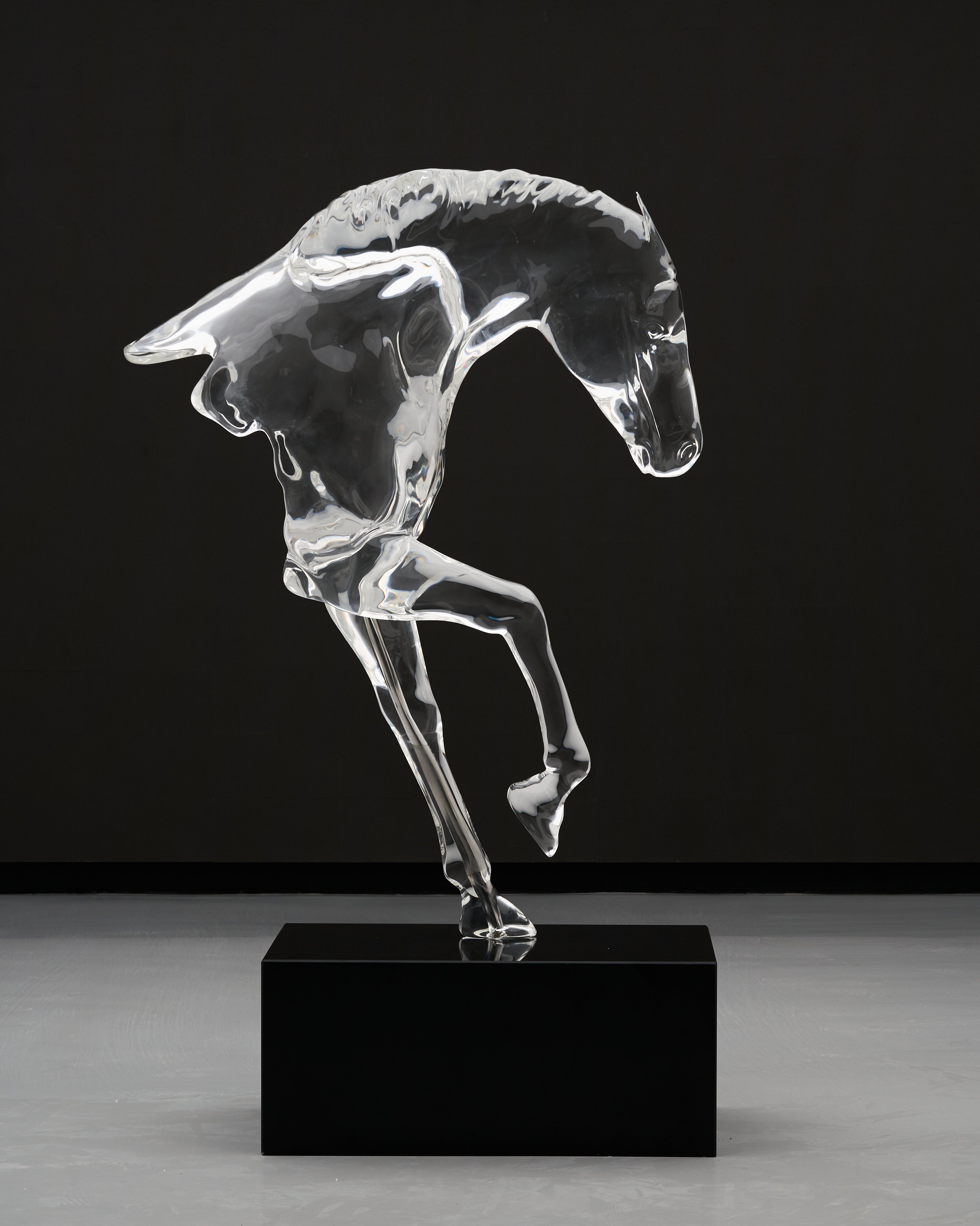 Clear glass sculpture of a horse on a black base against a dark background