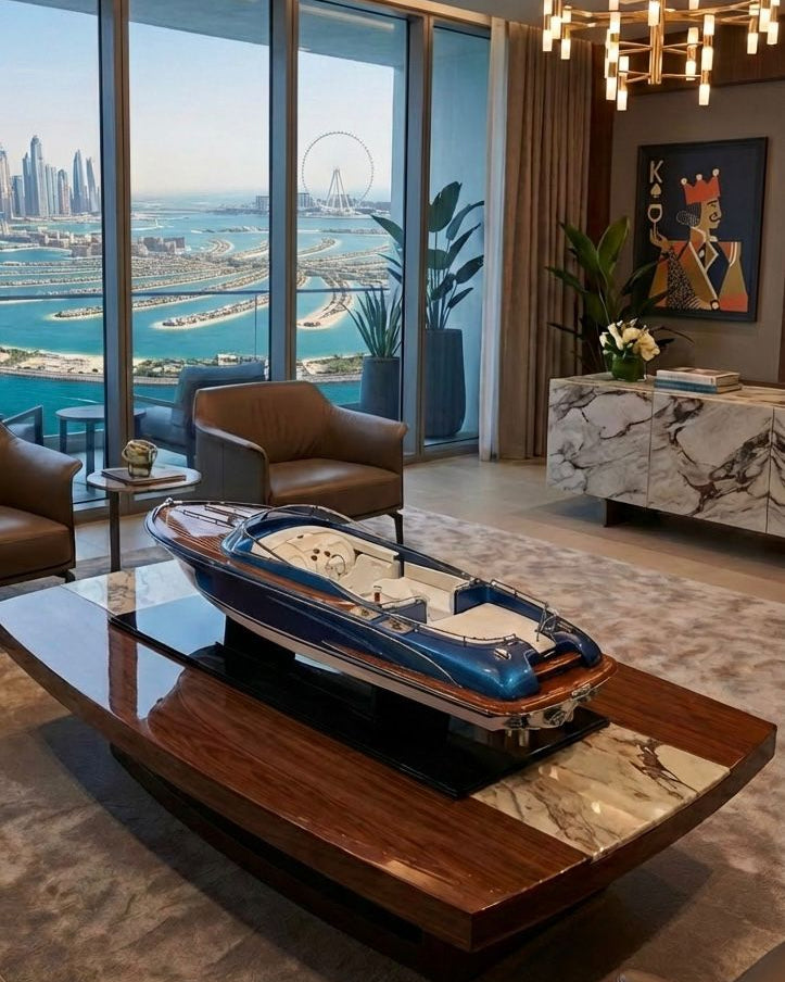 Modern living room with a model boat on a table and city skyline view.