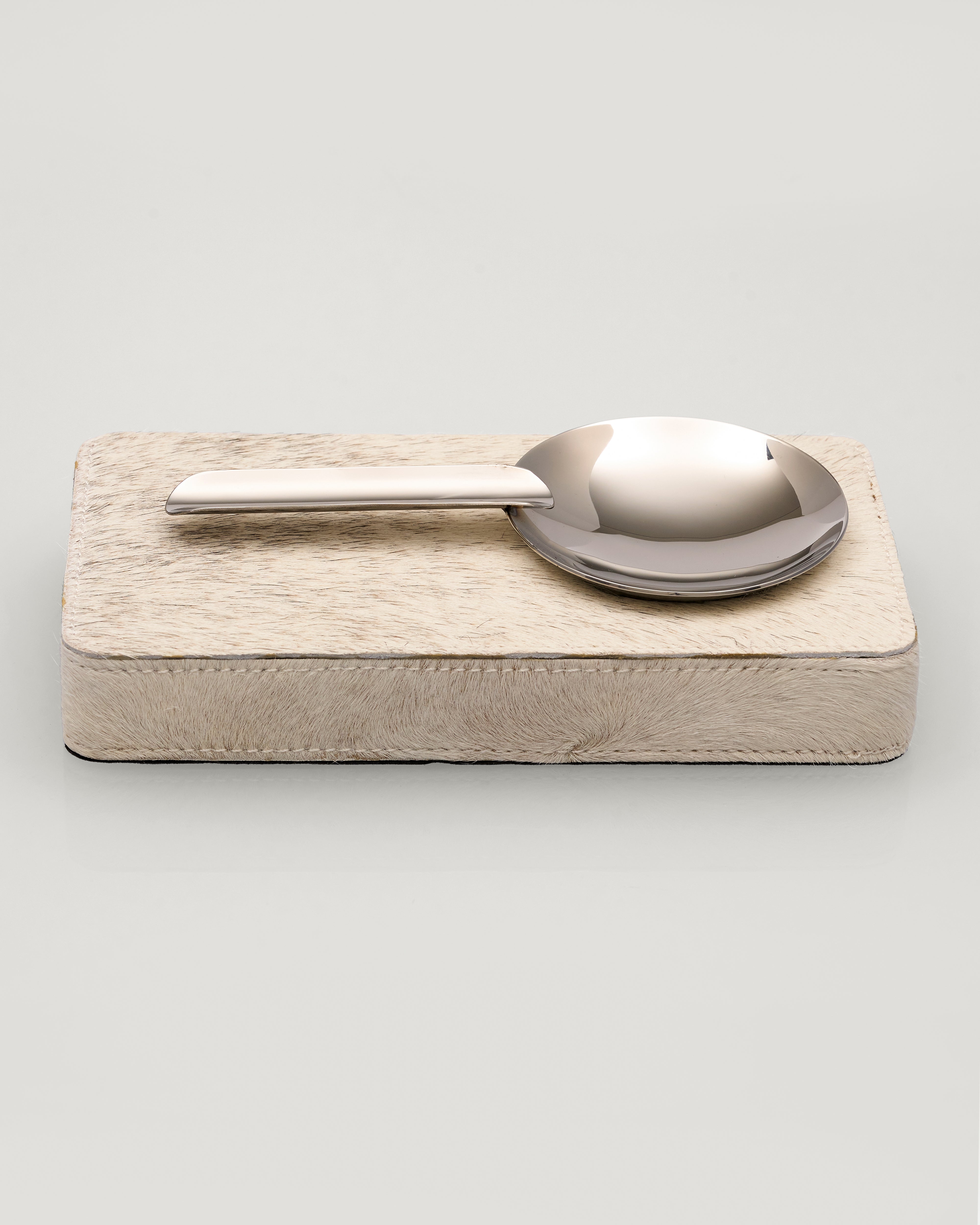 Silver spoon on a wooden block with a plain background
