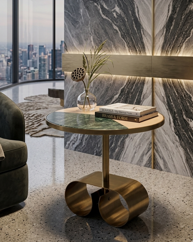 Modern interior with a gold side table, marble wall, and cityscape view.