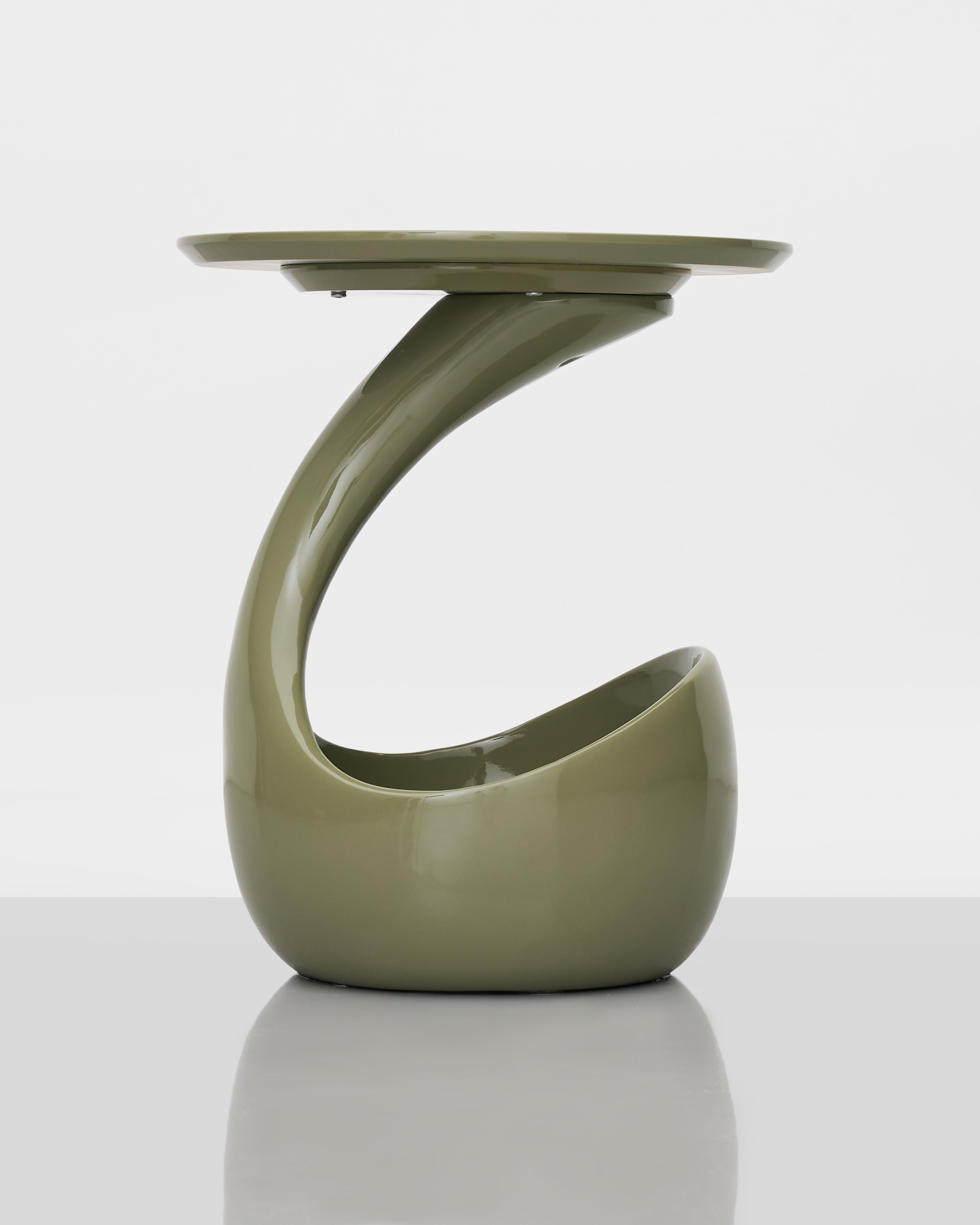 Basket Base Accent Side Table angled view showing sophisticated olive green finish and contemporary style