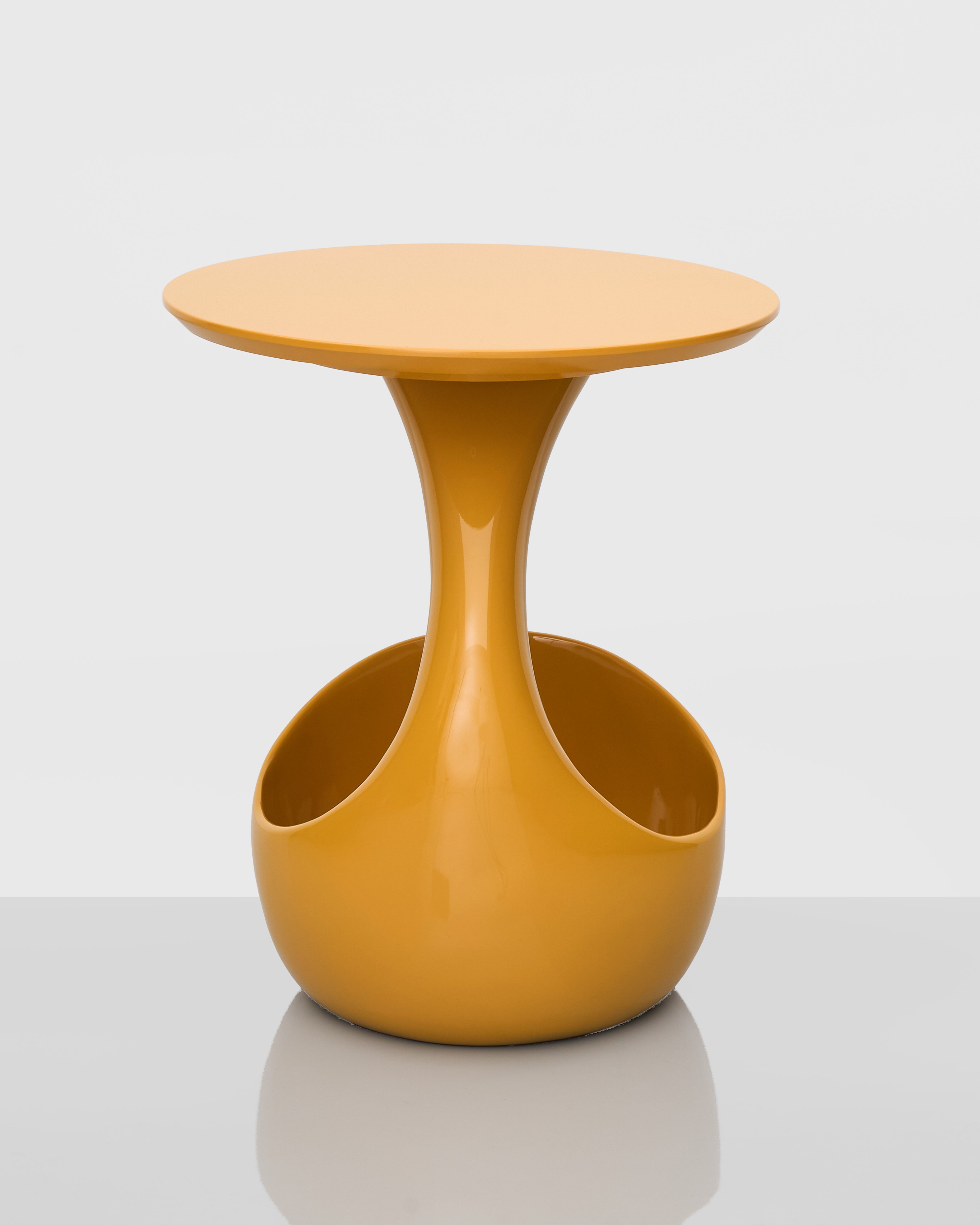 Basket Base Accent Side Table angled view showing vibrant yellow finish and contemporary style