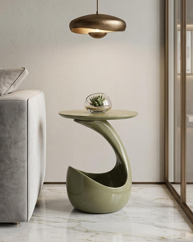 Modern living room with a gray sofa, green side table, and gold pendant light.