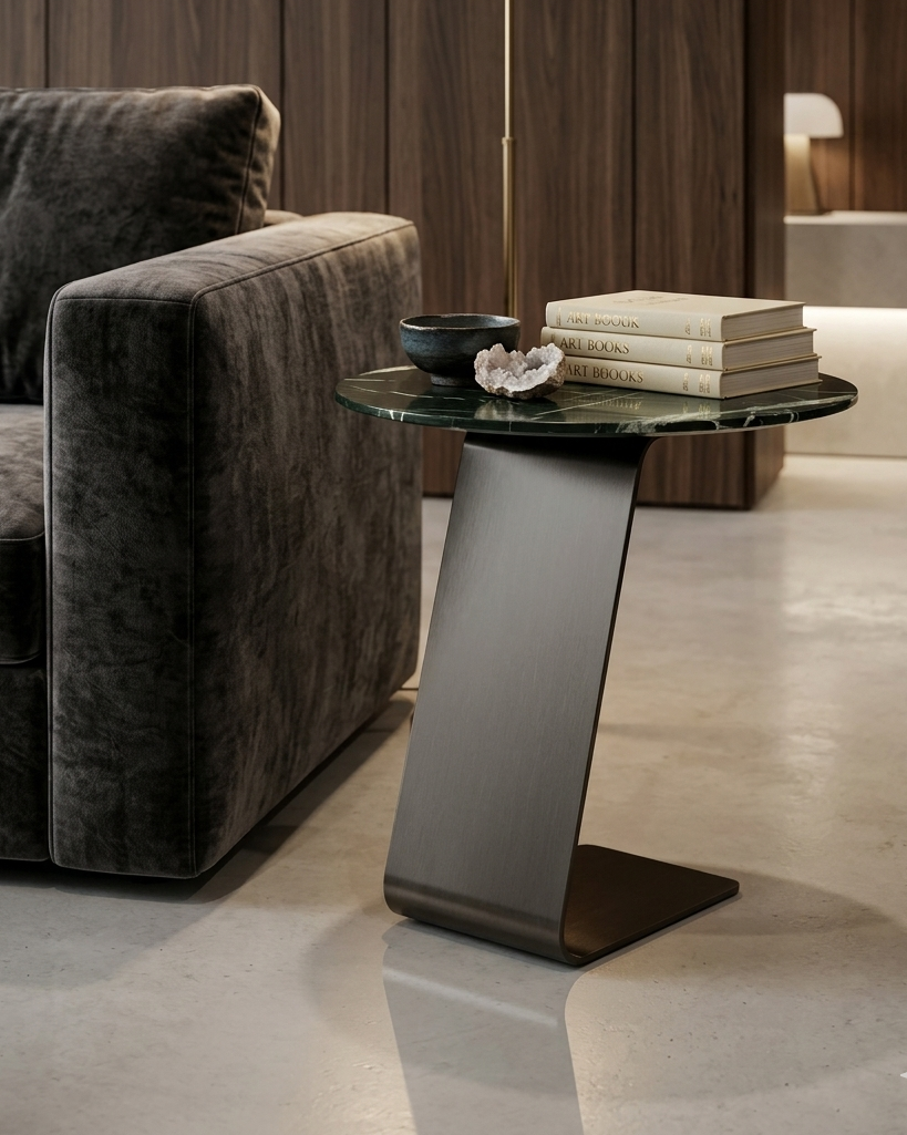 Modern living room with a gray sofa and a stylish side table.