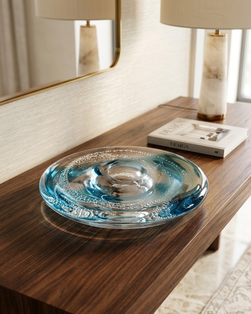 Decorative glass bowl on a wooden surface with a lamp and book in the background