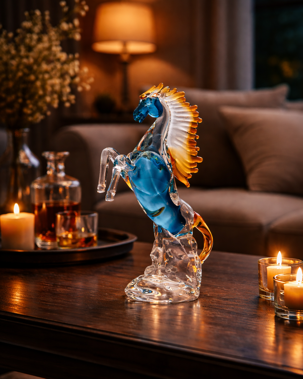 Glass horse sculpture on a table with candles and a blurred background