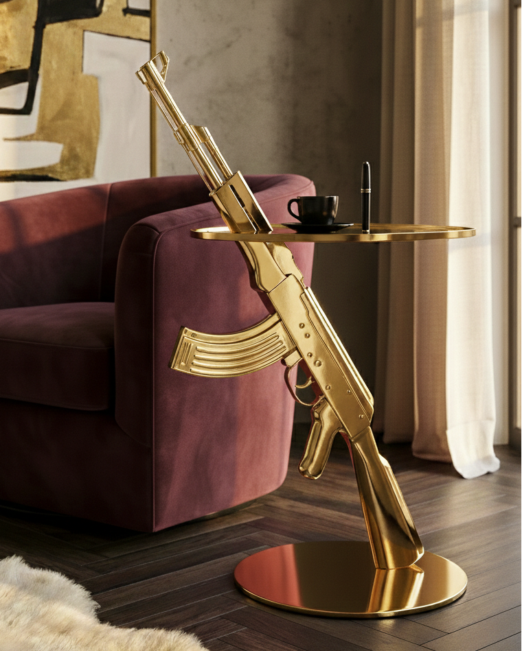 Gold gun-shaped side table in a stylish room with a sofa and coffee table.