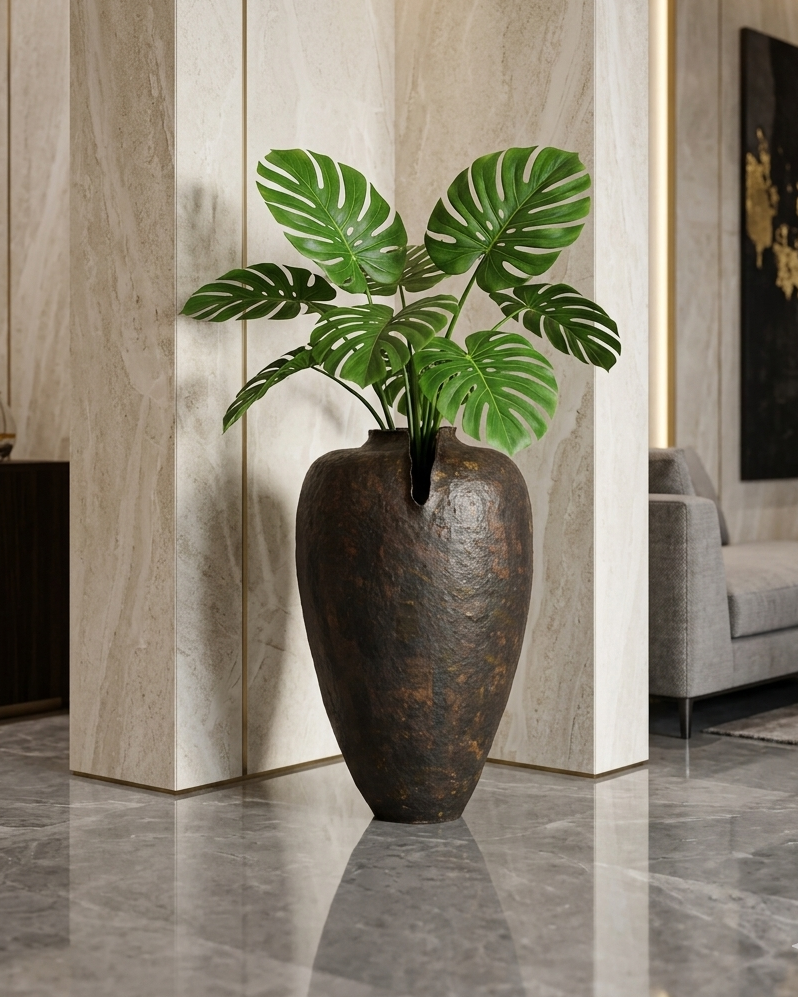 Decorative plant in a large brown vase against a modern interior background