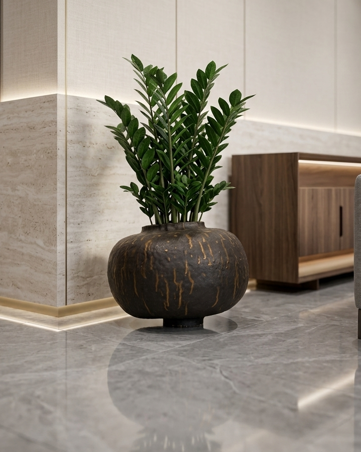 Potted plant in a modern interior setting with a neutral color palette.