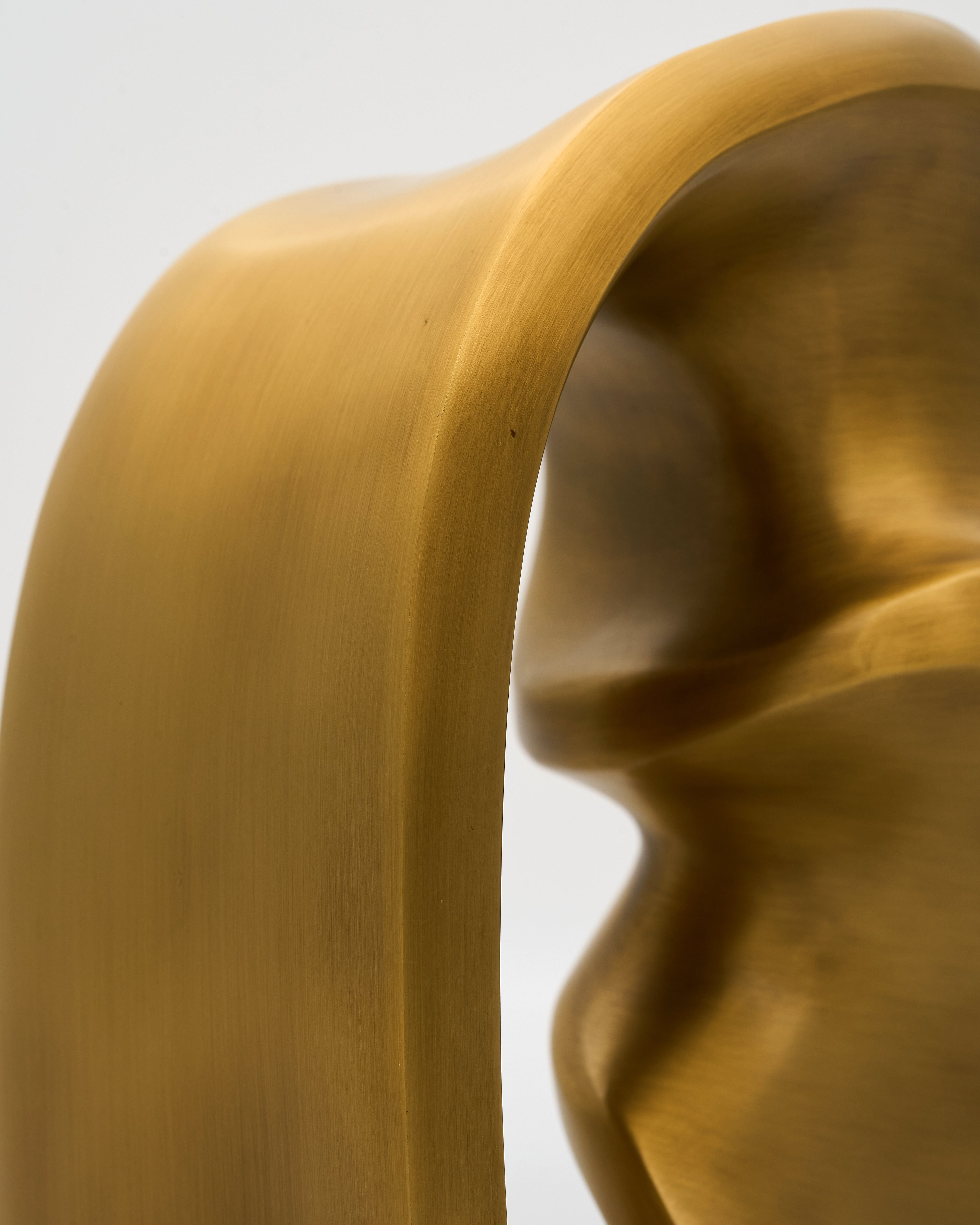 Close-up of a gold sculpture with a smooth, curved surface.