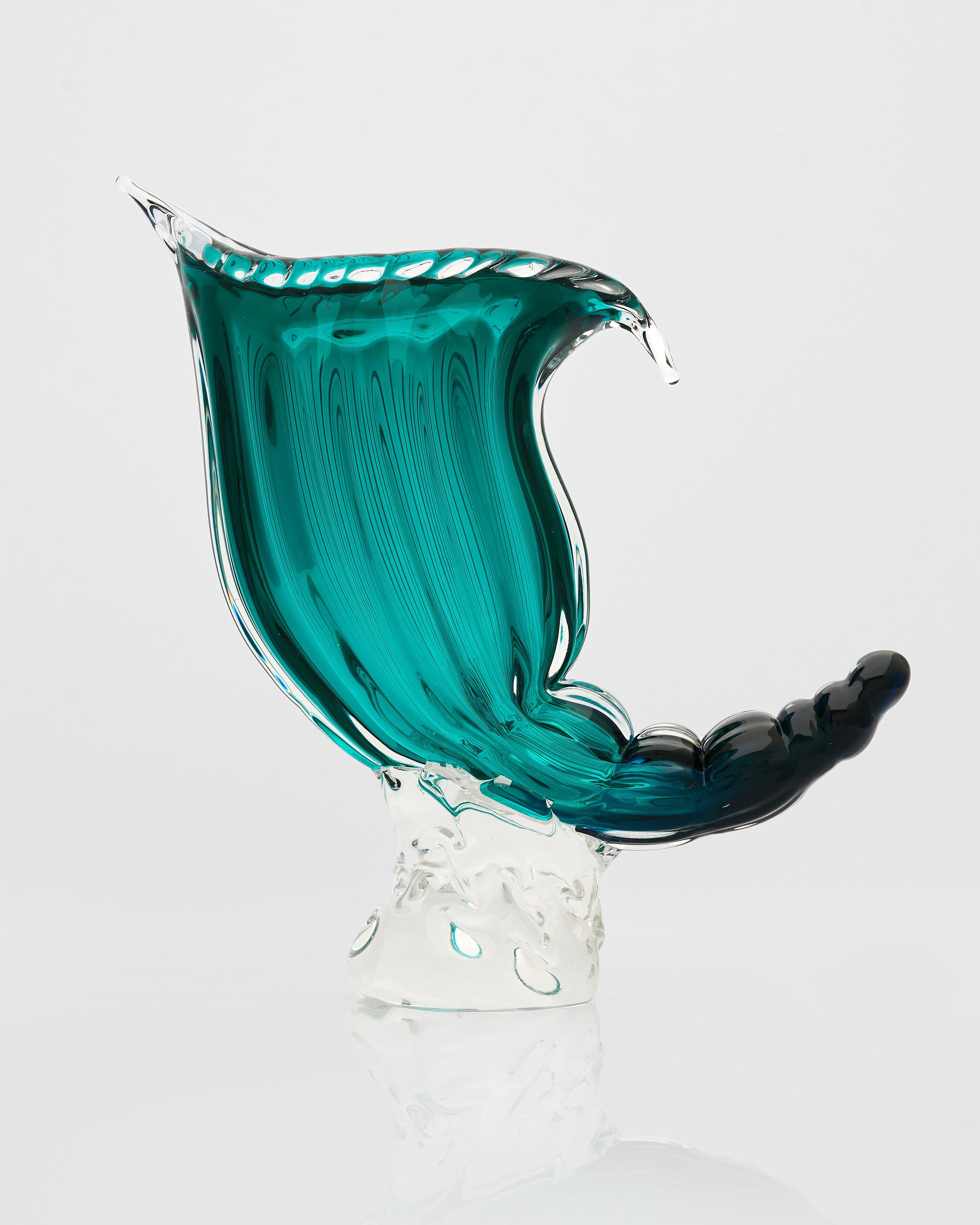 Cyan crystal glass tail vase luxury home accent featuring curved rim and artistic tail-shaped base