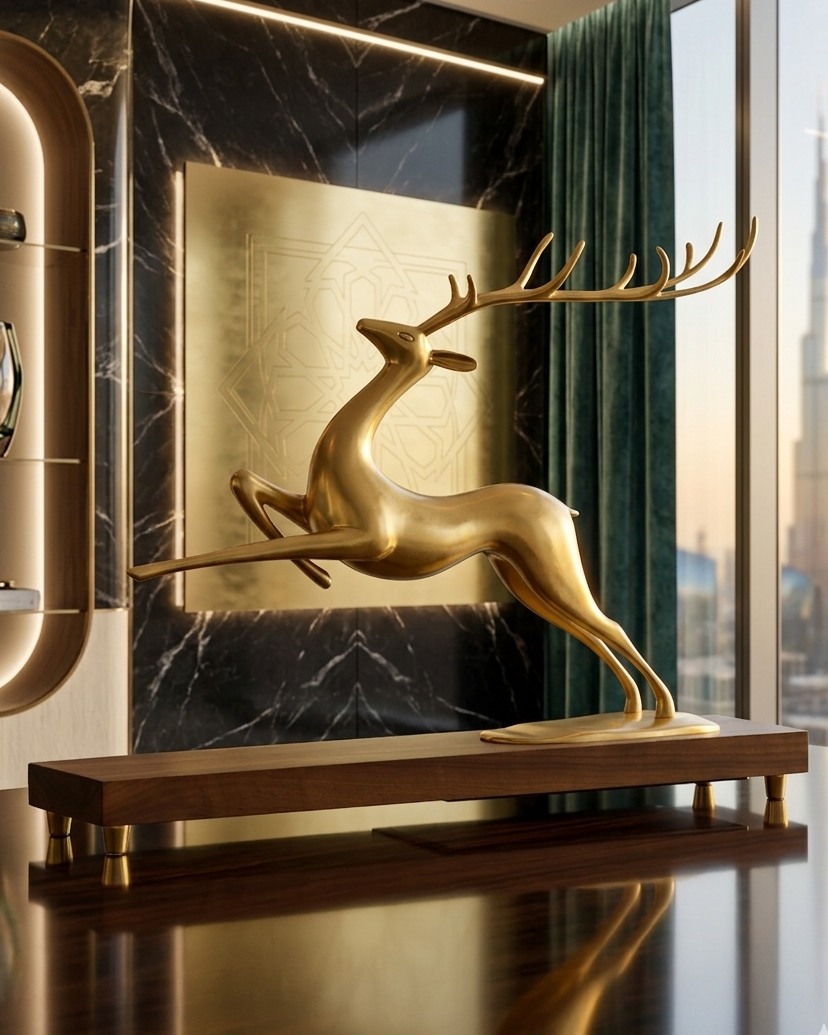 Gold deer sculpture on a wooden stand in a modern interior setting with a mirror and curtains.