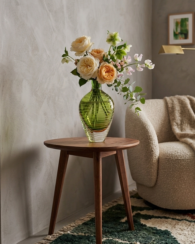 Green vase with flowers on a wooden table in a living room setting.