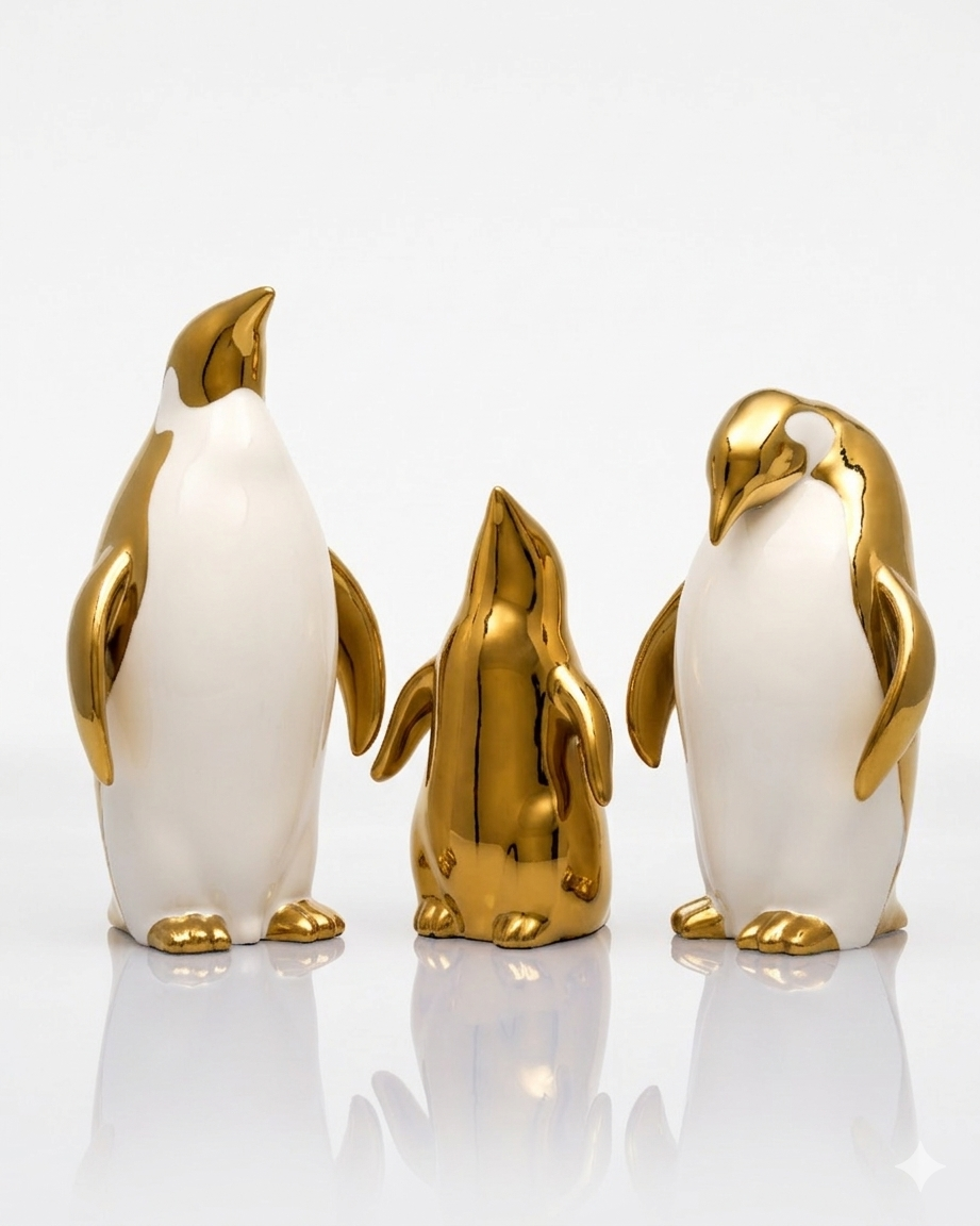 Three penguin figurines with gold accents on a white background