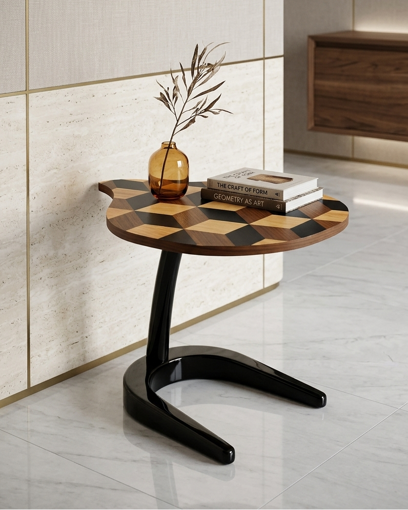 Modern side table with a checkered top and black base in a room setting.