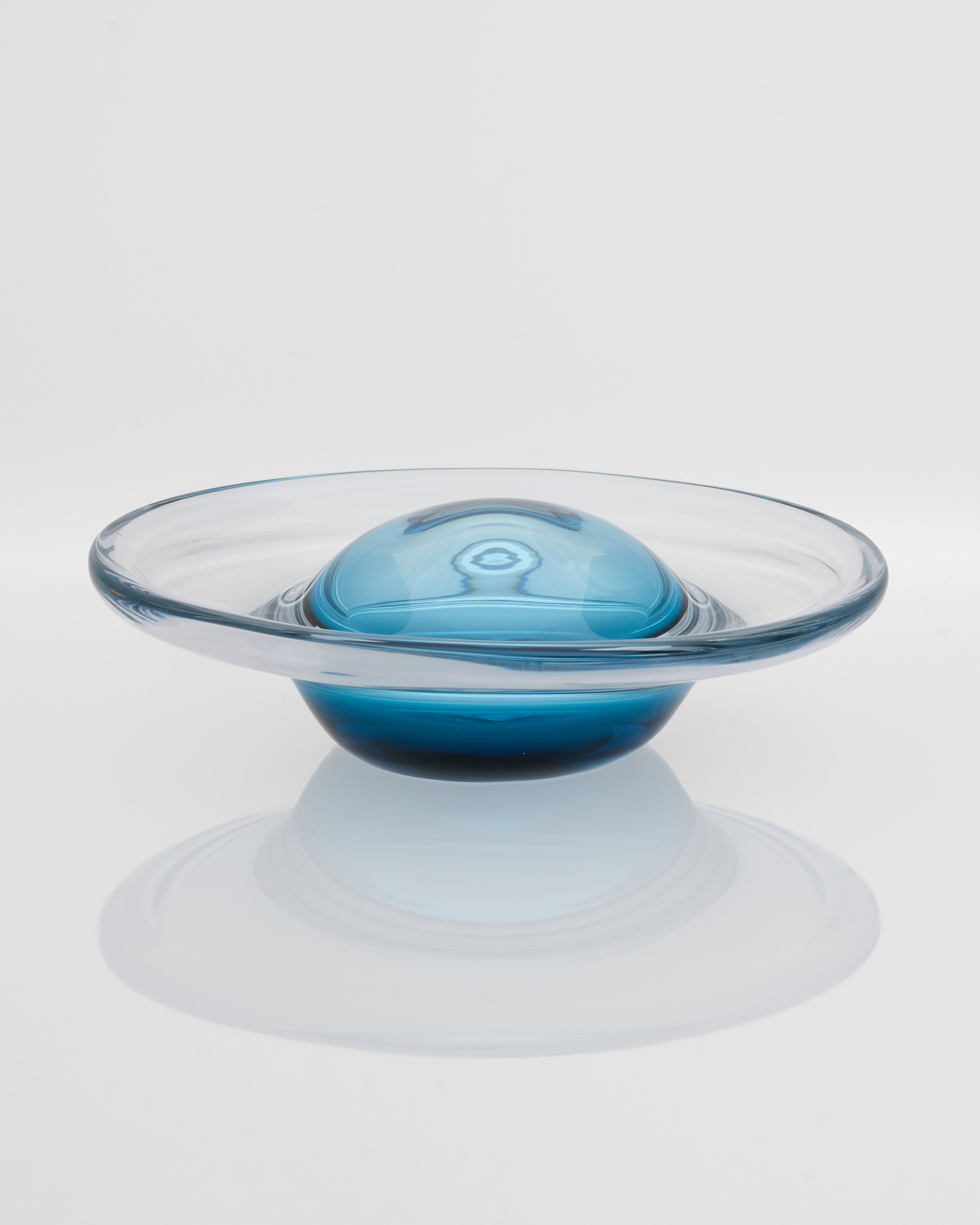 Fruity Platter Glass Decor angled view showcasing artistic fruit-inspired forms and vibrant blue finish