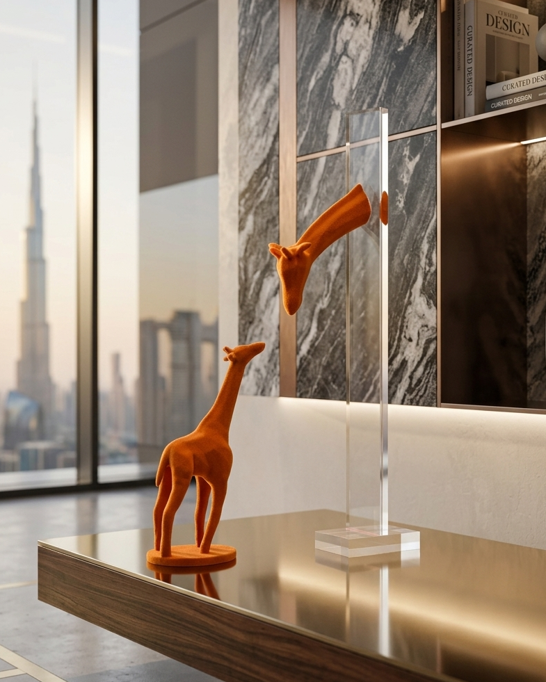 Decorative giraffe statues on a reflective surface with a cityscape view through large windows.