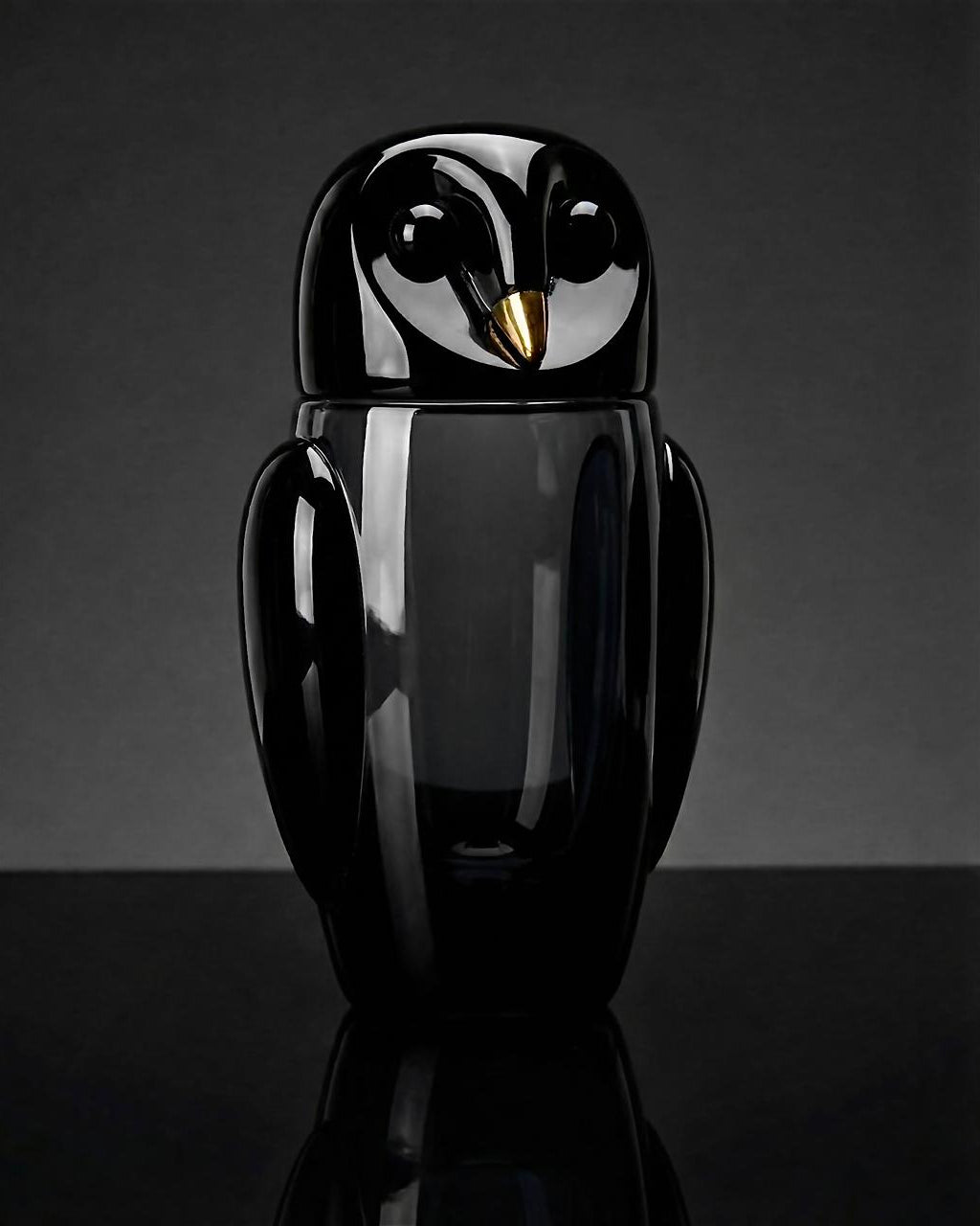 Glossy black owl-shaped object on a reflective surface with a dark background