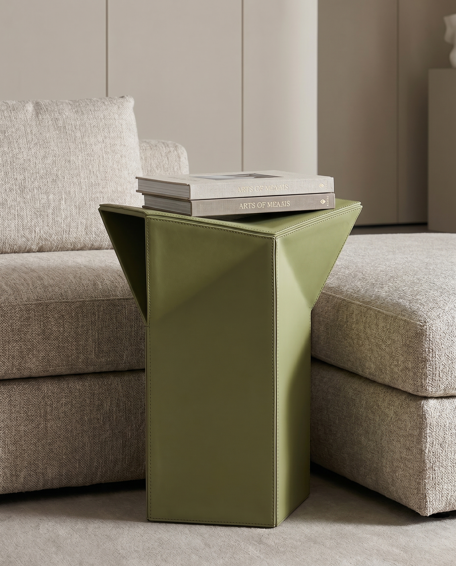 Diamond-Form Conical Leather Side Table - Olive Green