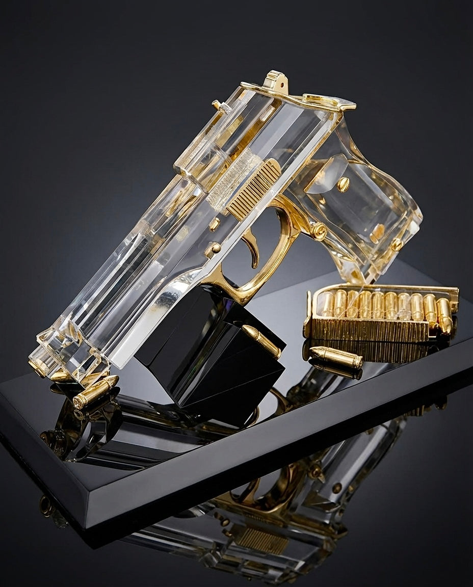 Clear and gold gun shaped model with bullet casings on a reflective surface