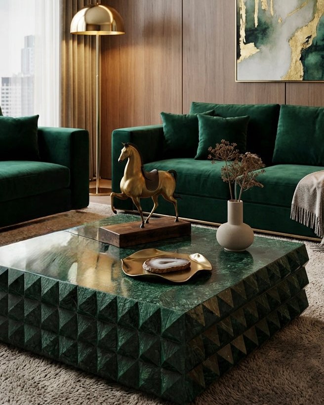 Modern living room with green sofas and a decorative coffee table.