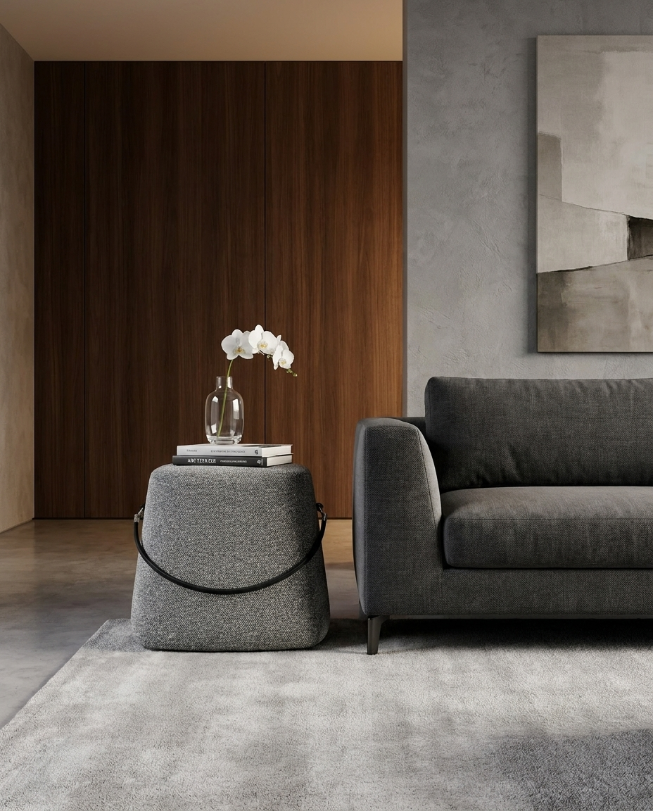 Modern living room with a gray sofa and matching ottoman, featuring a vase with flowers on a small table.