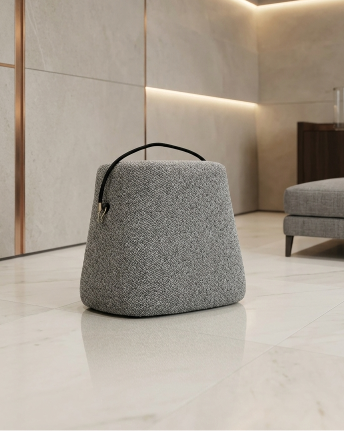 Gray textured stool with a black handle in a modern room with neutral tones.
