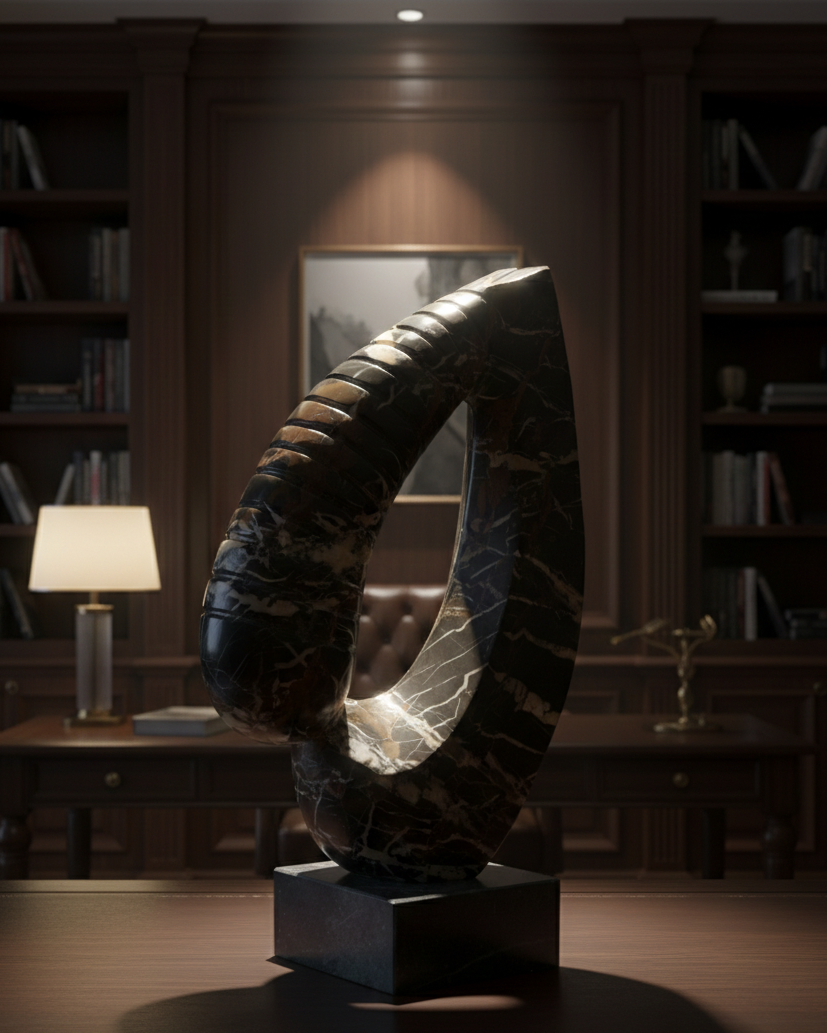 Decorative sculpture in a room with bookshelves and a lamp.