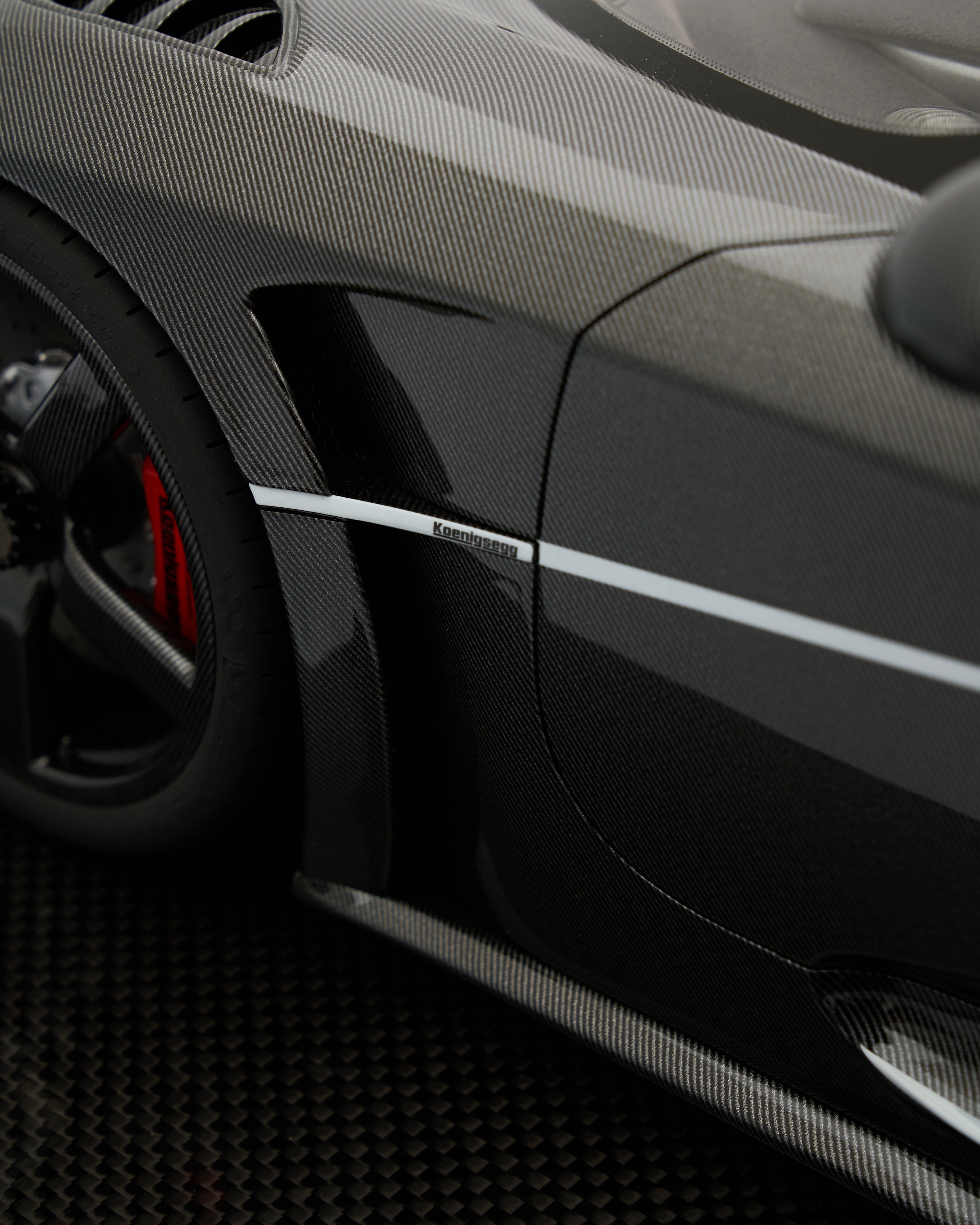 Close-up of a car's carbon fiber side panel with a visible brand logo.