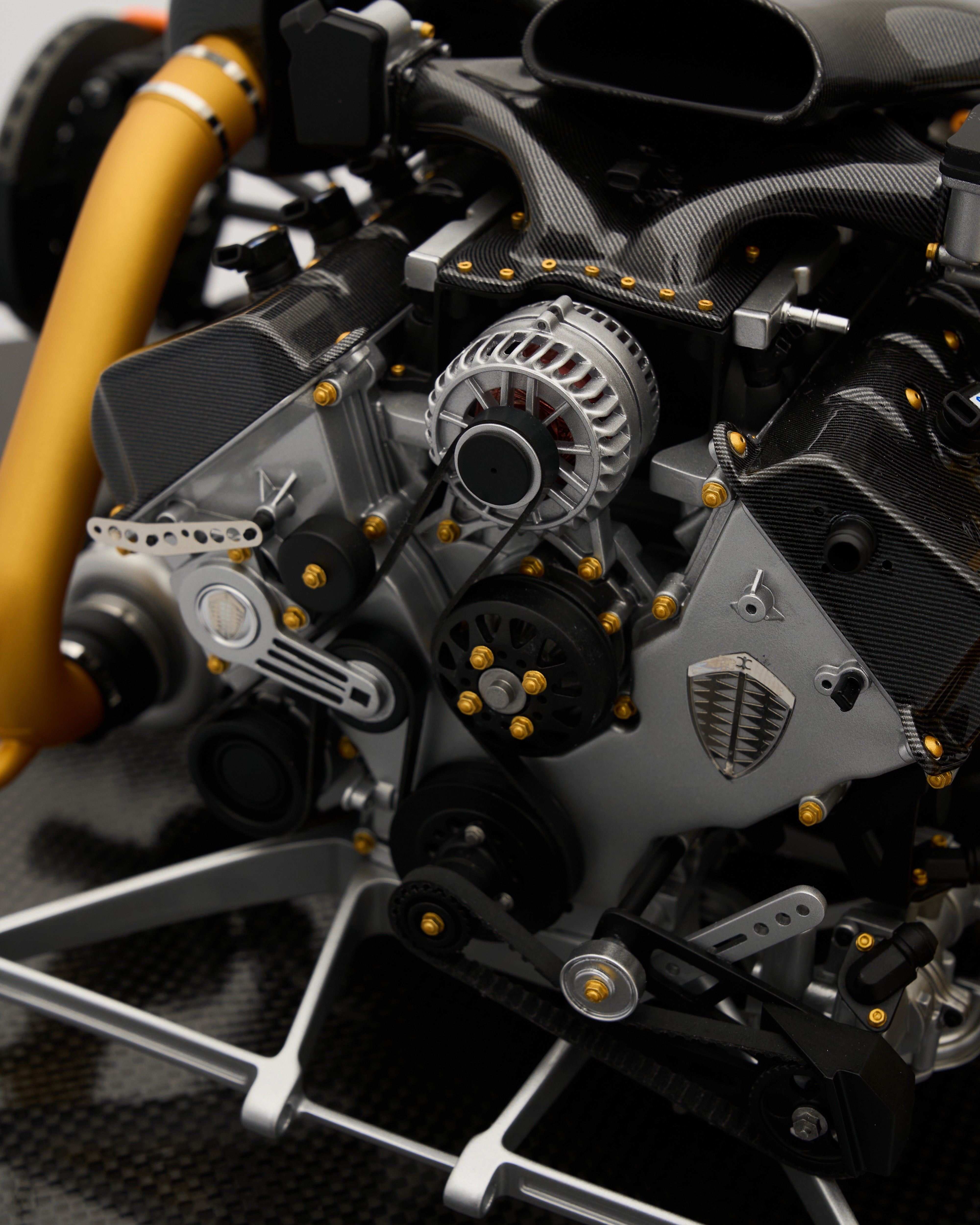 Detailed view of Koenigsegg One:1 Engine Scale Model emphasizing realistic components and premium finish