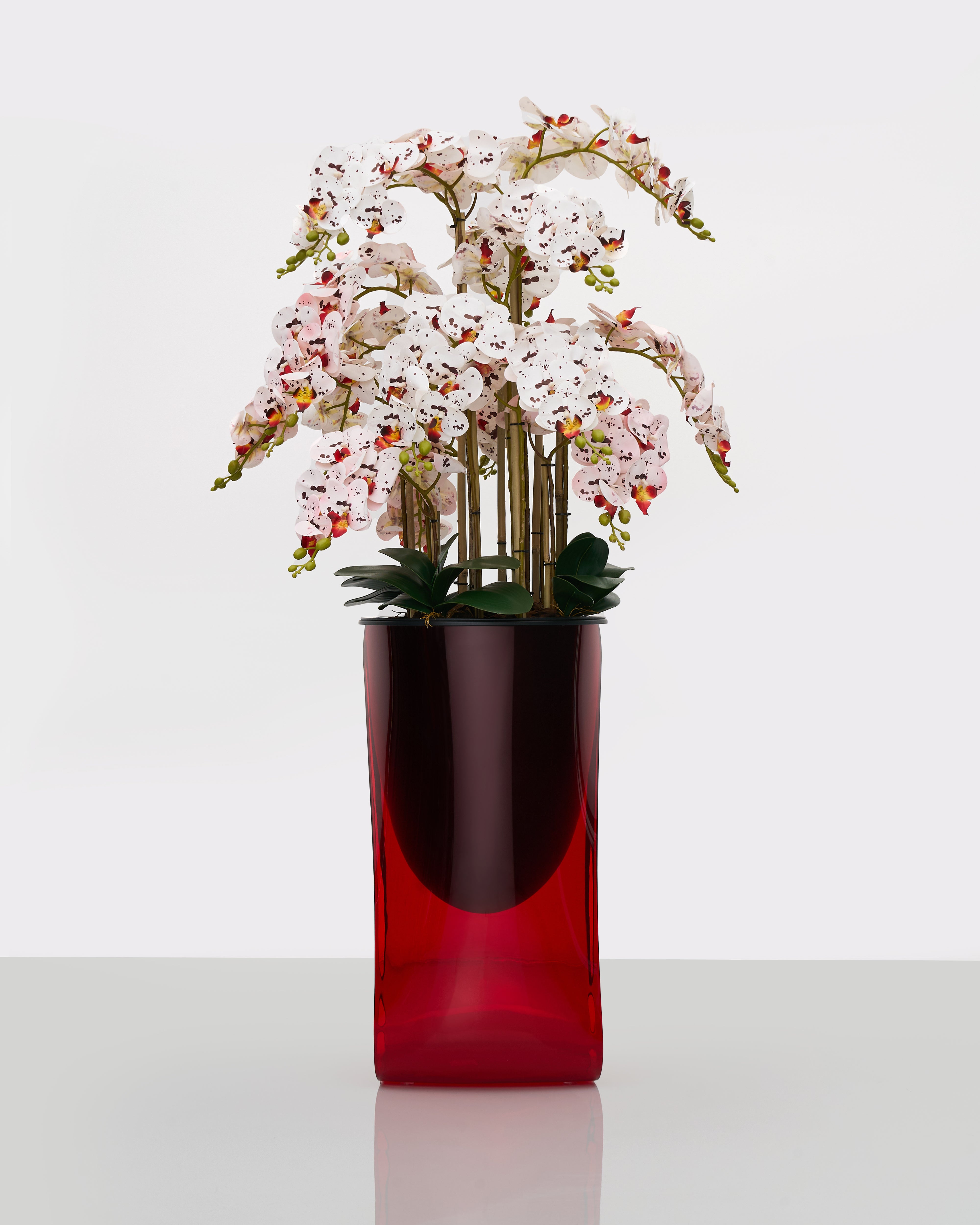 Lark Planter angled view showing sculptural silhouette and refined red finish