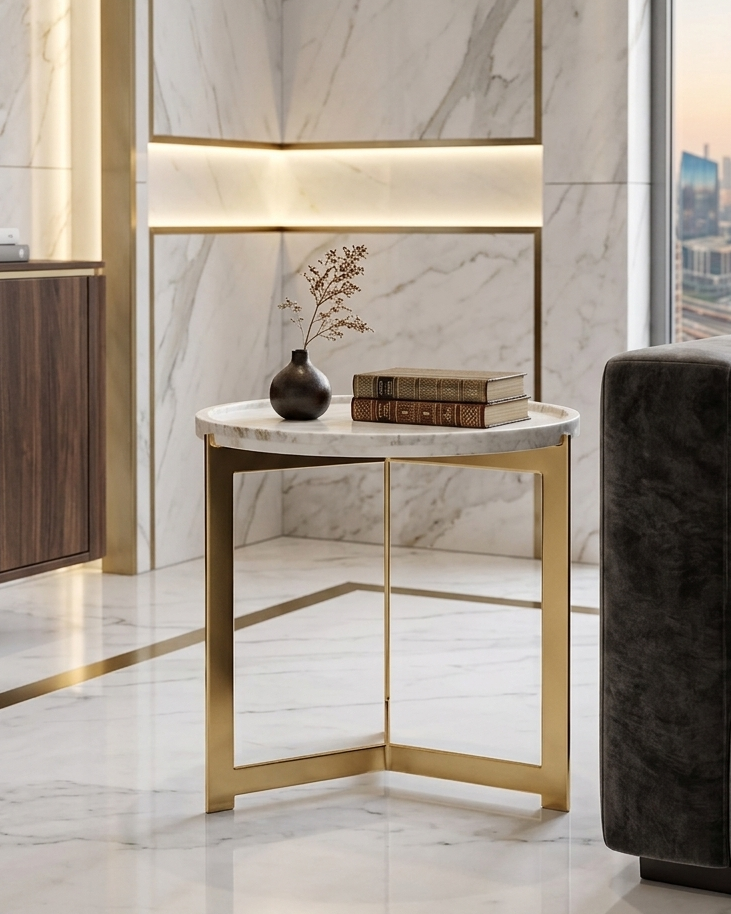 Modern living room with marble walls, gold side table, and cityscape view.
