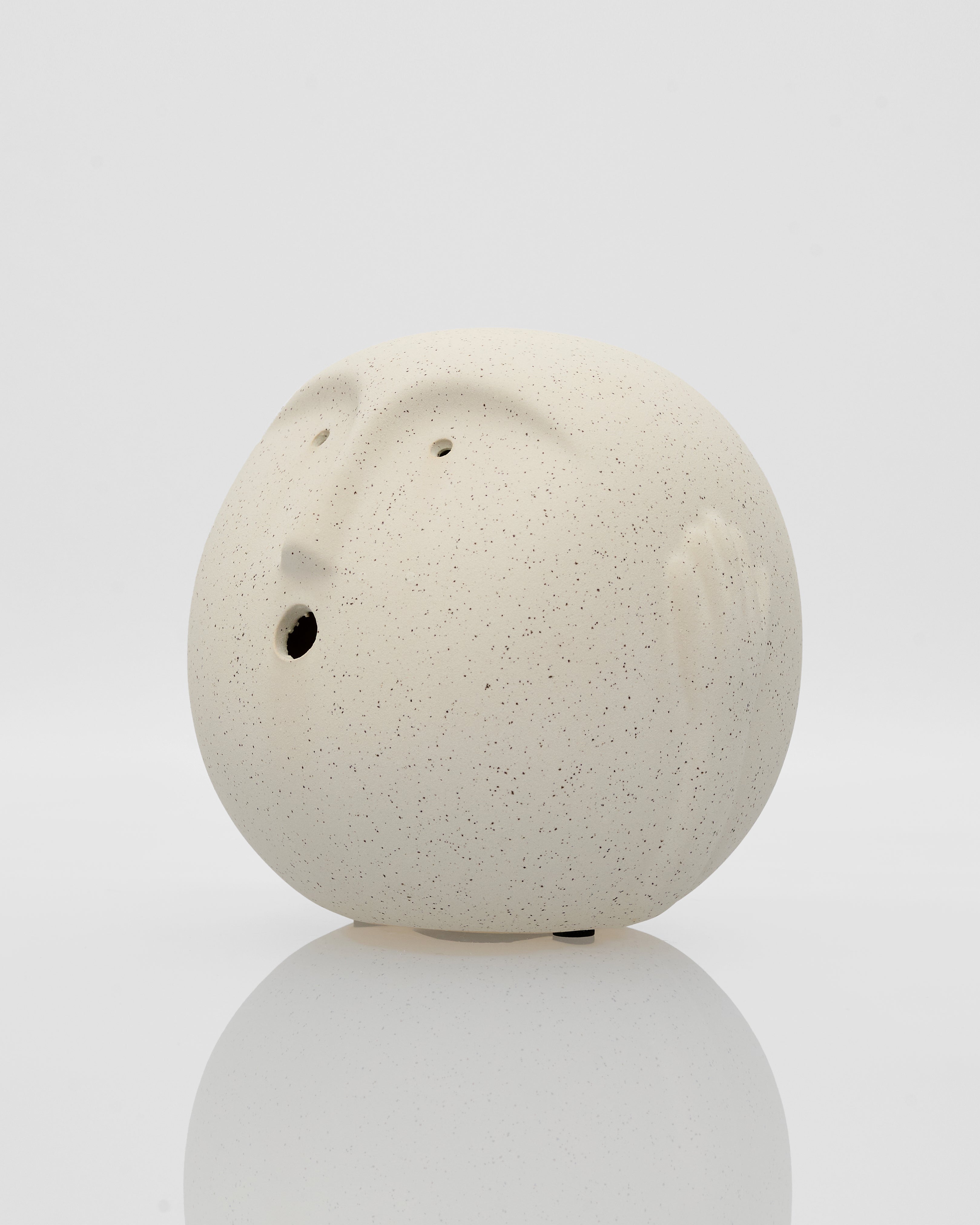 Round beige object with small black details on a white background